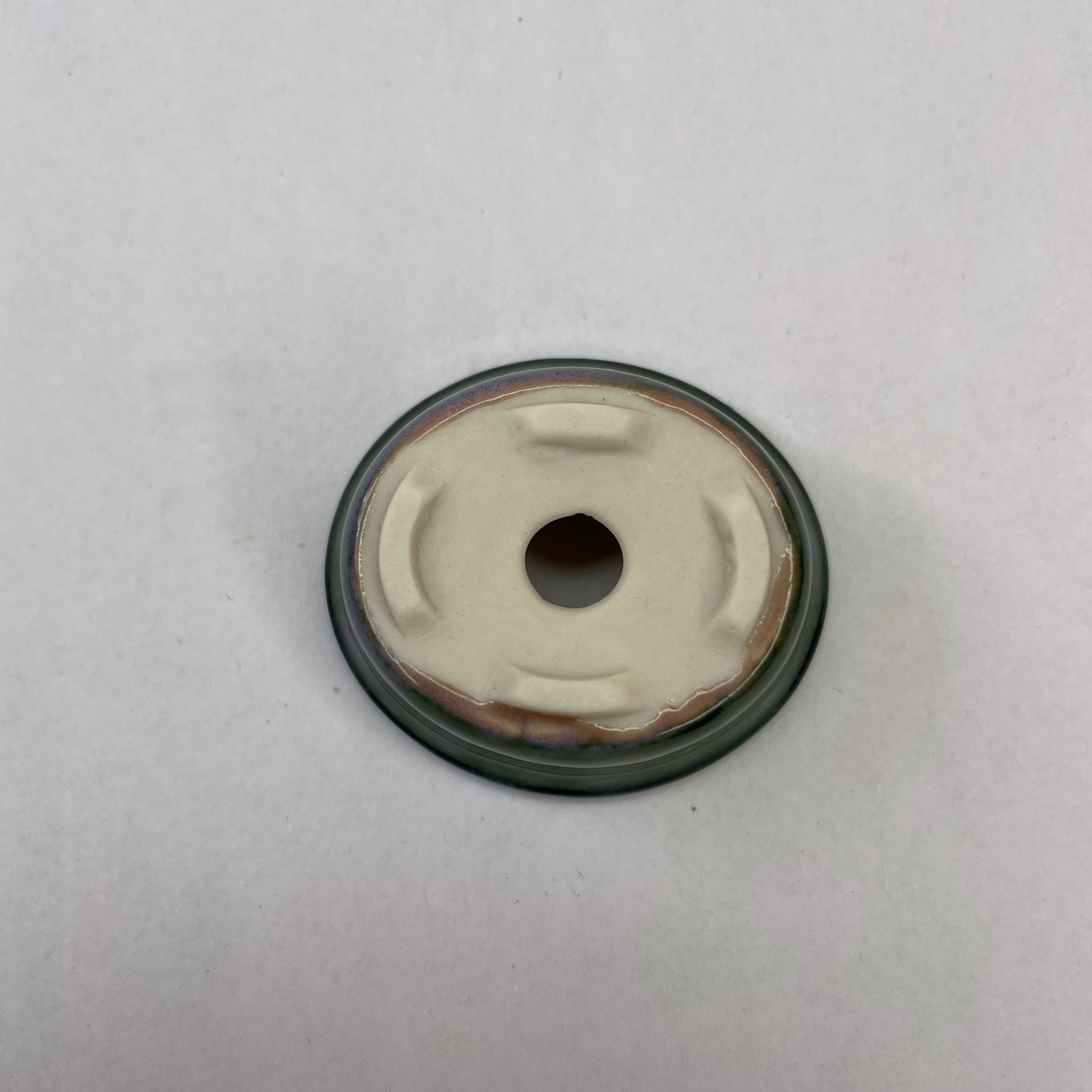 New! Tiny Oval Mame Bonsai Pot in White Porcelain with a Green Fog Glaze, About 1.5 inches long