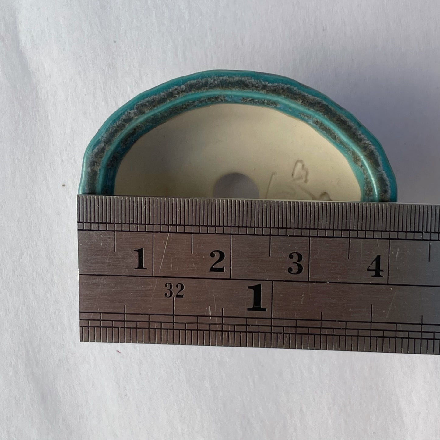 New! Tiny Scalloped Oval Mame Bonsai Pot in Turquoise Ash, About 1.5 inches long
