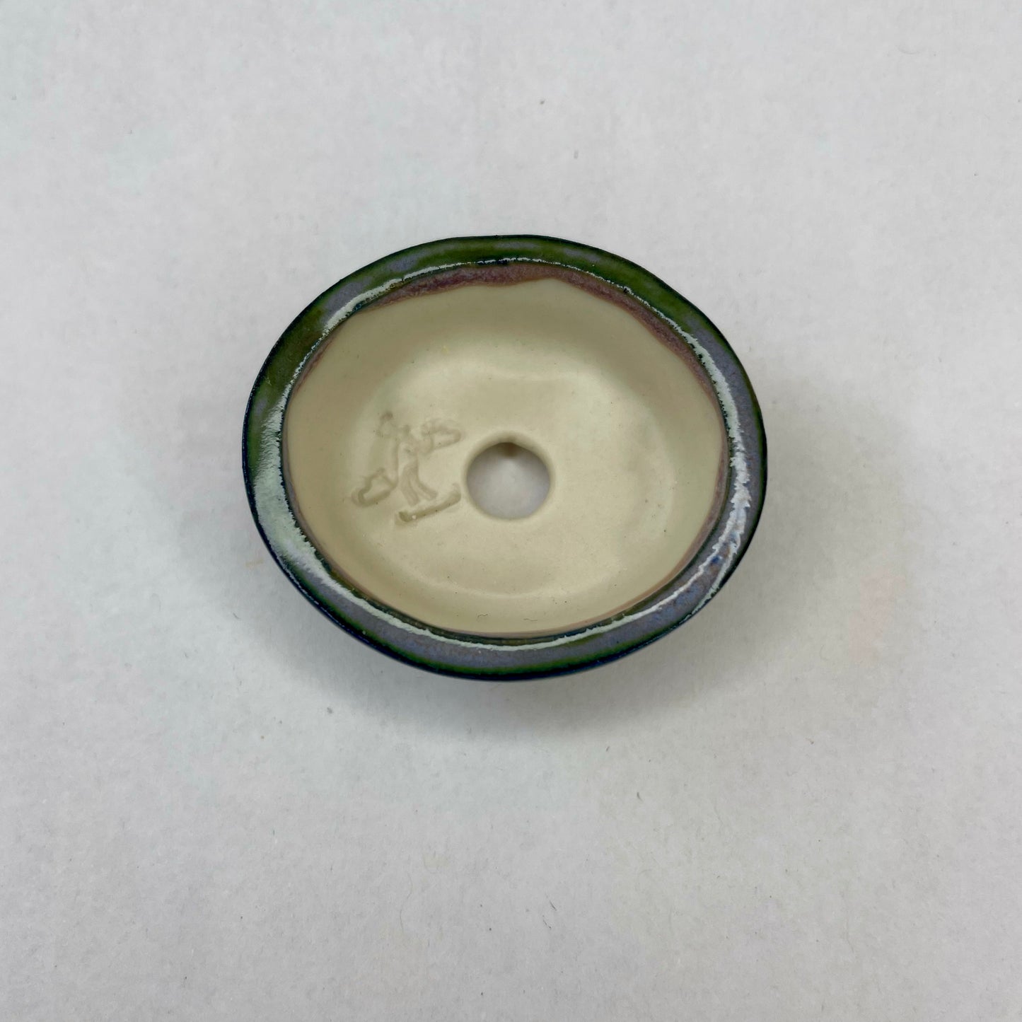 New! Tiny Oval Mame Bonsai Pot in White Porcelain with a Green Fog Glaze, About 1.5 inches long