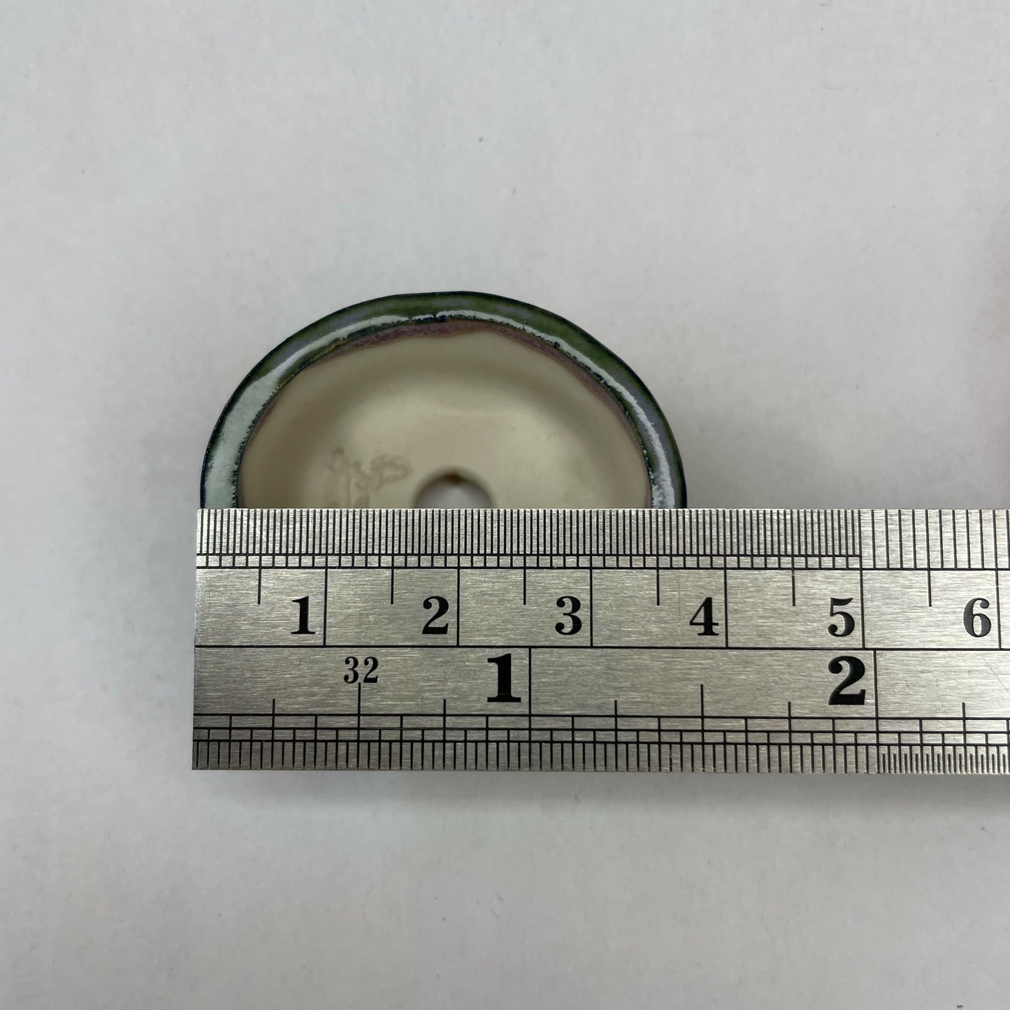 New! Tiny Oval Mame Bonsai Pot in White Porcelain with a Green Fog Glaze, About 1.5 inches long