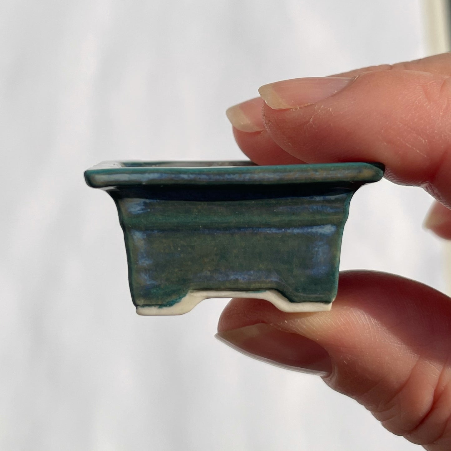 New! Tiny Embossed Rectangle Mame Bonsai Pot in Teal Pearl, Less than 1.5 inches long