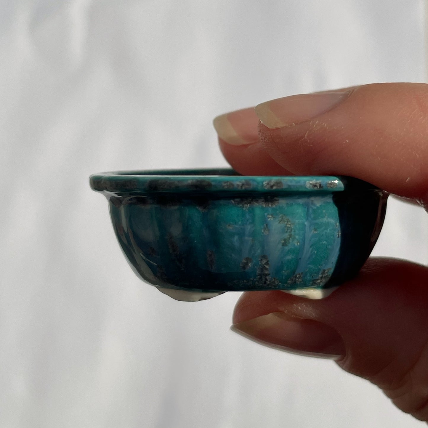 New! Tiny Scalloped Oval Mame Bonsai Pot in Turquoise Ash, About 1.5 inches long
