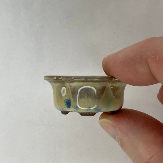 New! Tiny Flower-Shaped Mame Bonsai Pot in Chocolate Blue Snowflake, Less than 1.5 inches wide