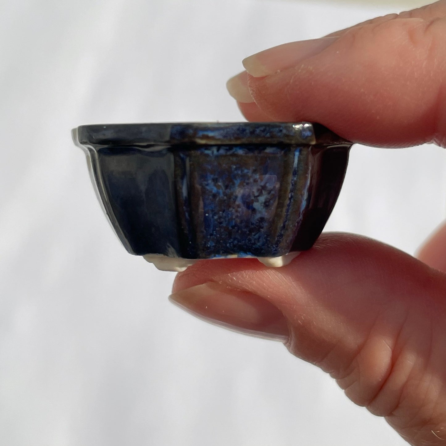 New! Tiny Flower-Shaped Mame Bonsai Pot in Blue Champagne, Less than 1.5 inches wide