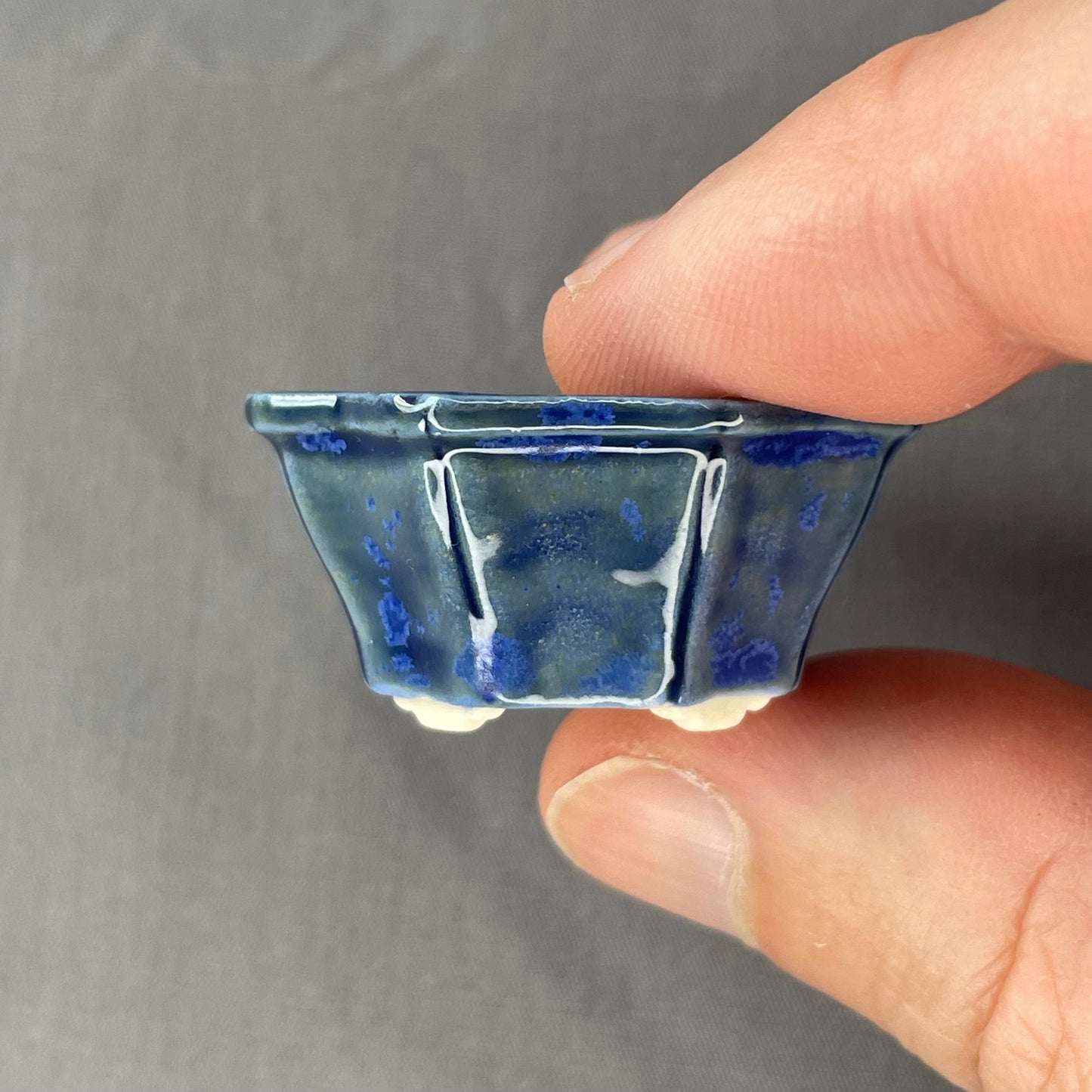 New! Tiny Flower-Shaped Mame Bonsai Pot in Deep Blue Cerulean, About 1.25 inches wide