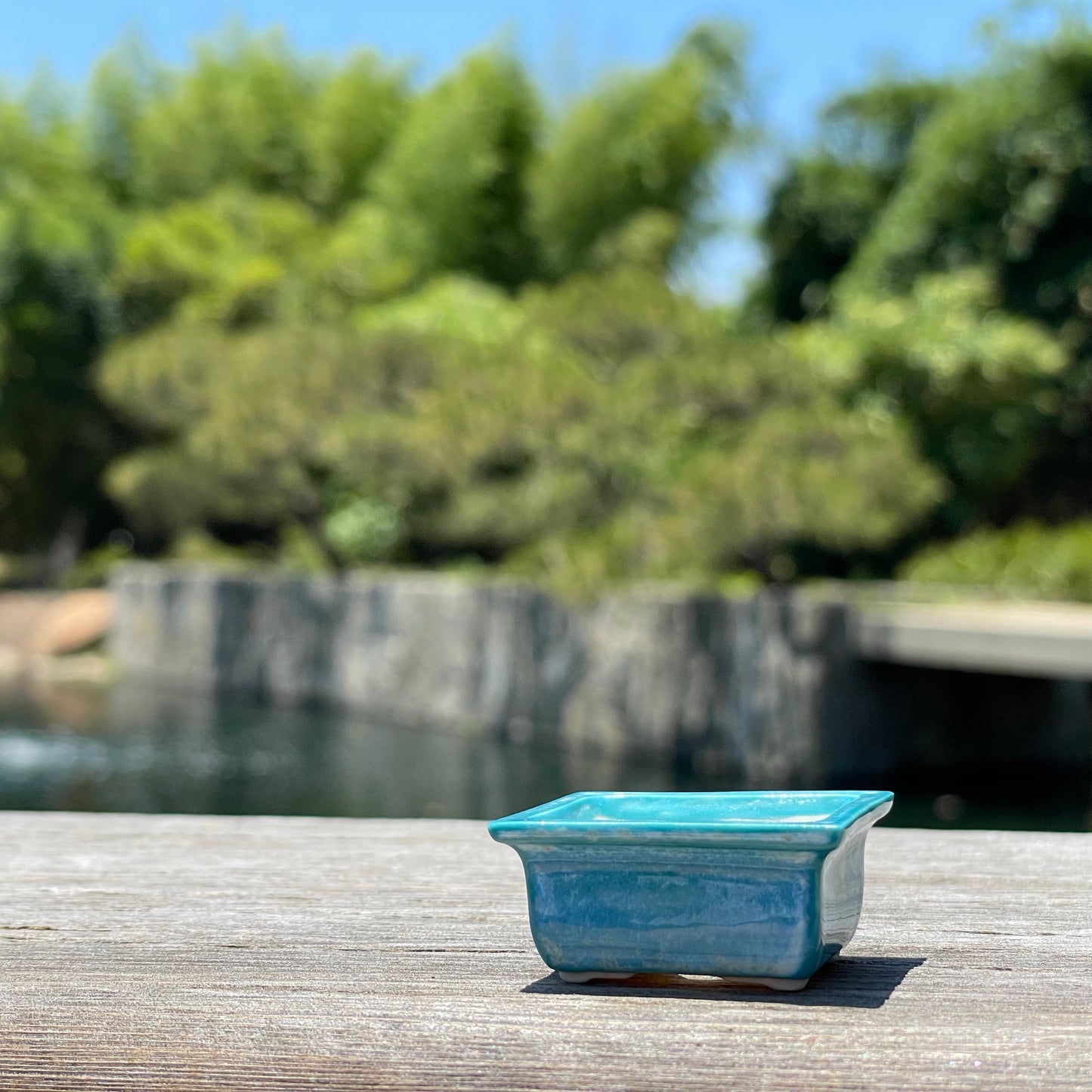 New! Tiny Rectangle Mame Bonsai Pot in Turquoise Pearl, Less than 1.5 inches long