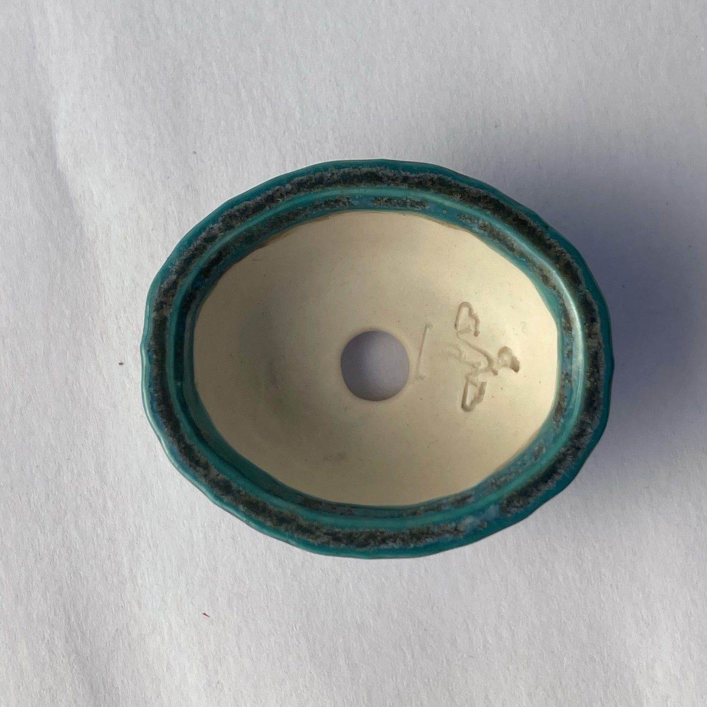 New! Tiny Scalloped Oval Mame Bonsai Pot in Turquoise Ash, About 1.5 inches long