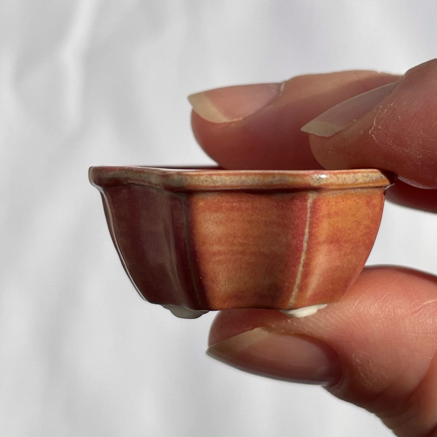 Tiny Flower-Shaped Mame Bonsai Pot in Rose Opal Lustre, Less than 1.5 inches wide