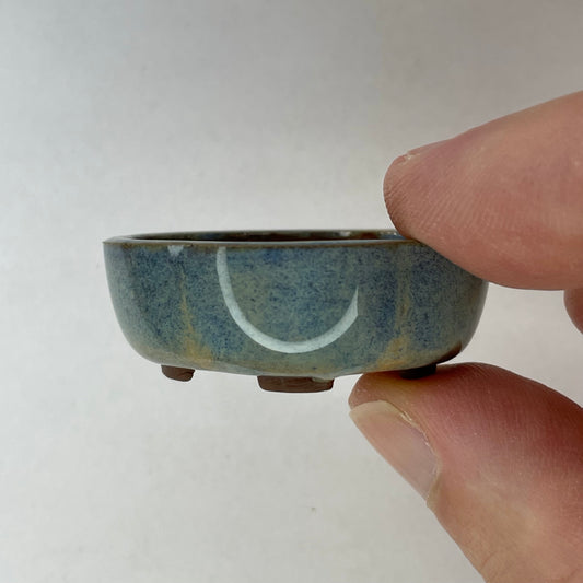 New! Tiny Rounded Oval Mame Bonsai Pot in Blue Opal, about 1.5 inches wide