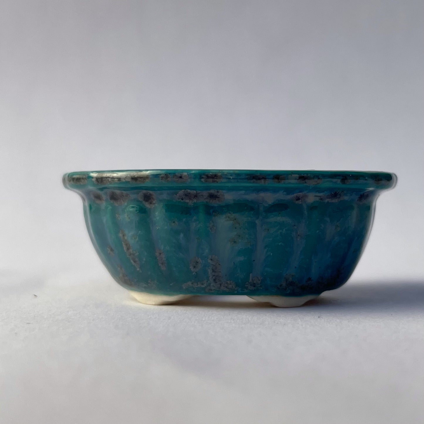 New! Tiny Scalloped Oval Mame Bonsai Pot in Turquoise Ash, About 1.5 inches long