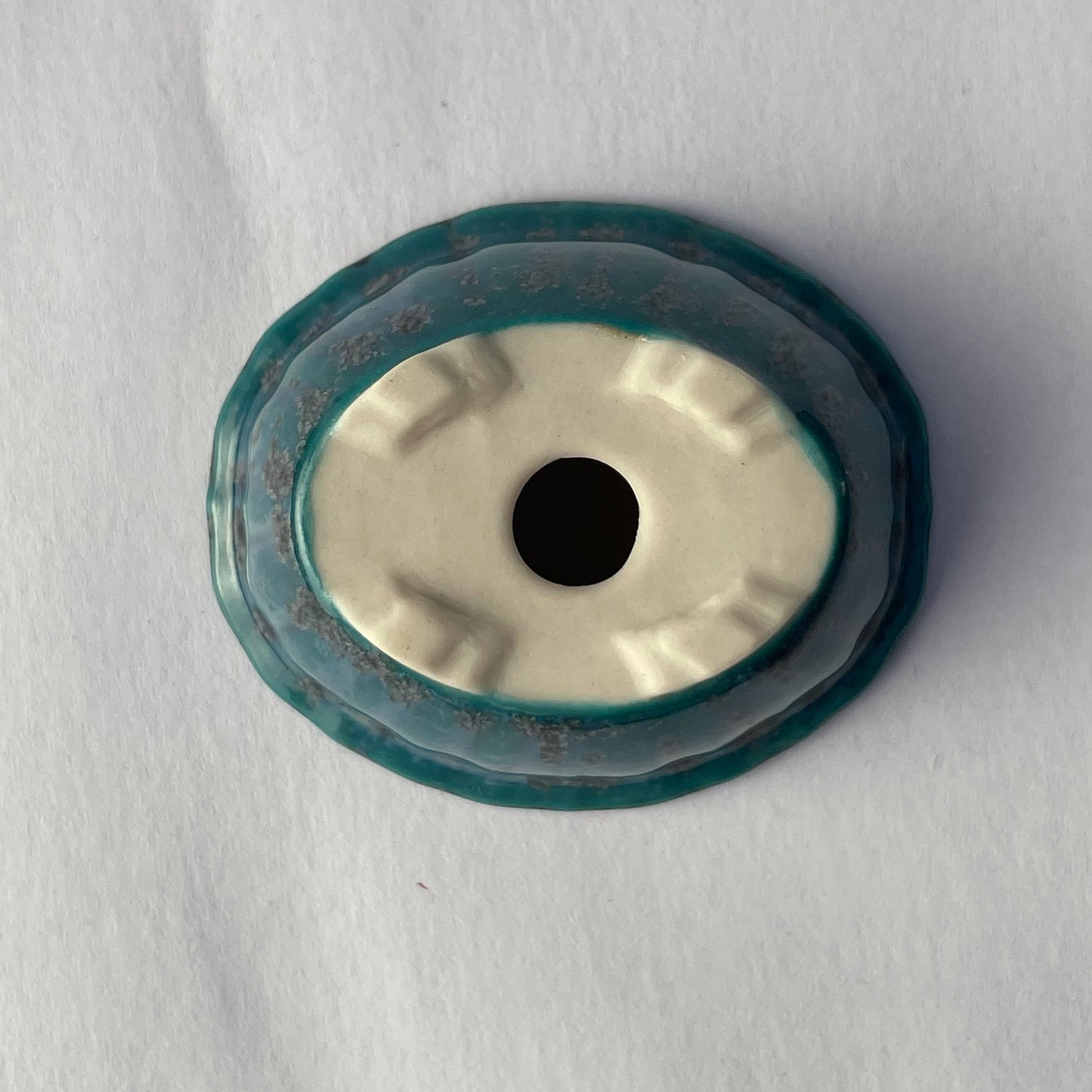 New! Tiny Scalloped Oval Mame Bonsai Pot in Turquoise Ash, About 1.5 inches long