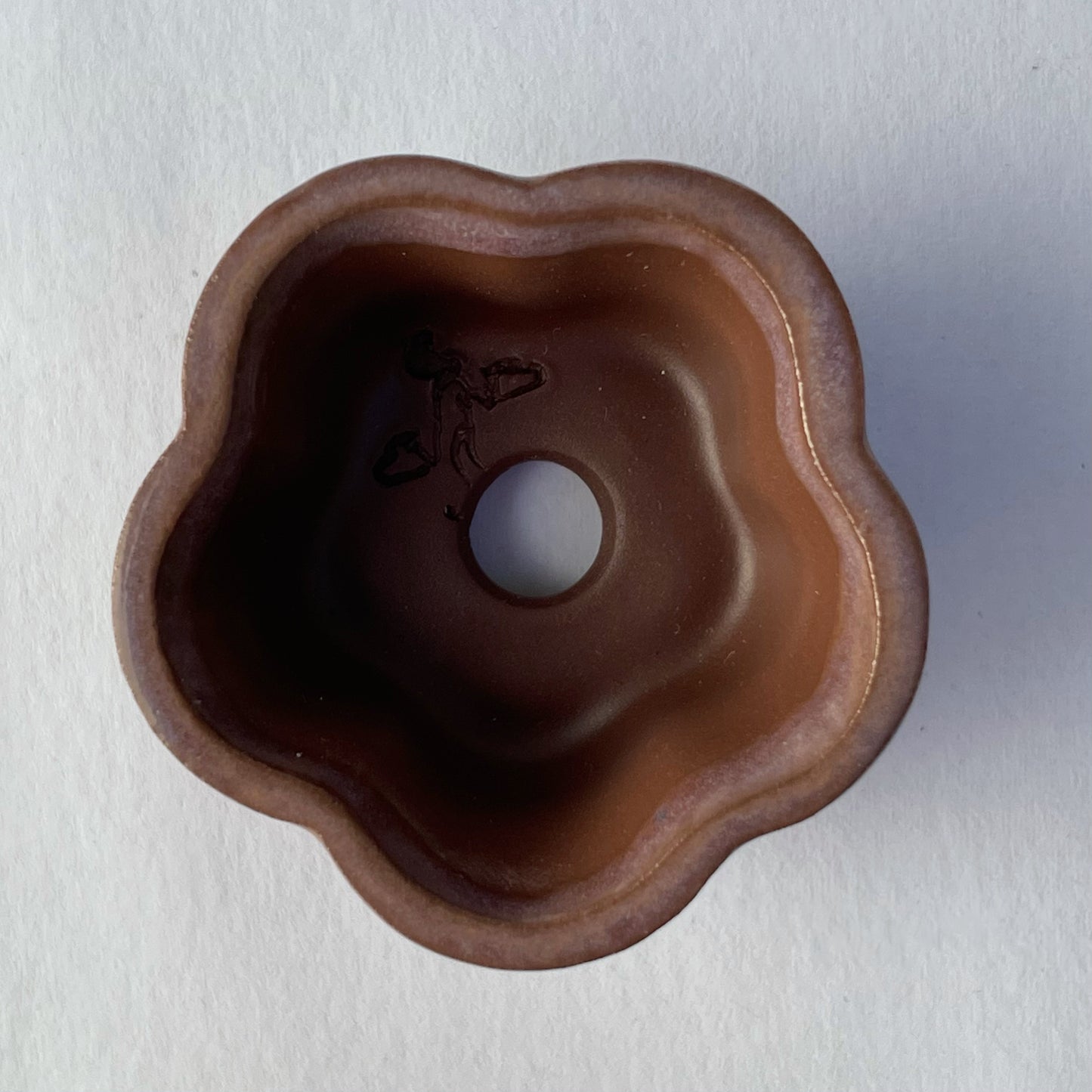 New! Tiny Flower-Shaped Mame Bonsai Pot in Chocolate Purple Aster, Less than 1.5 inches wide