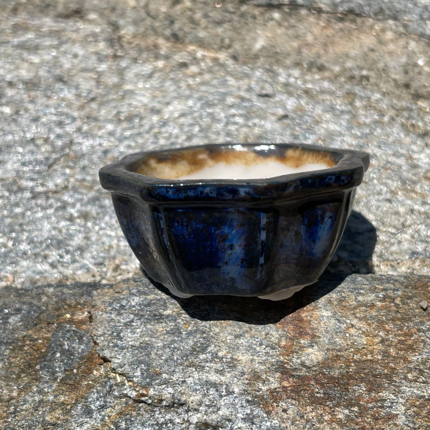 New! Tiny Flower-Shaped Mame Bonsai Pot in Blue Champagne, Less than 1.5 inches wide