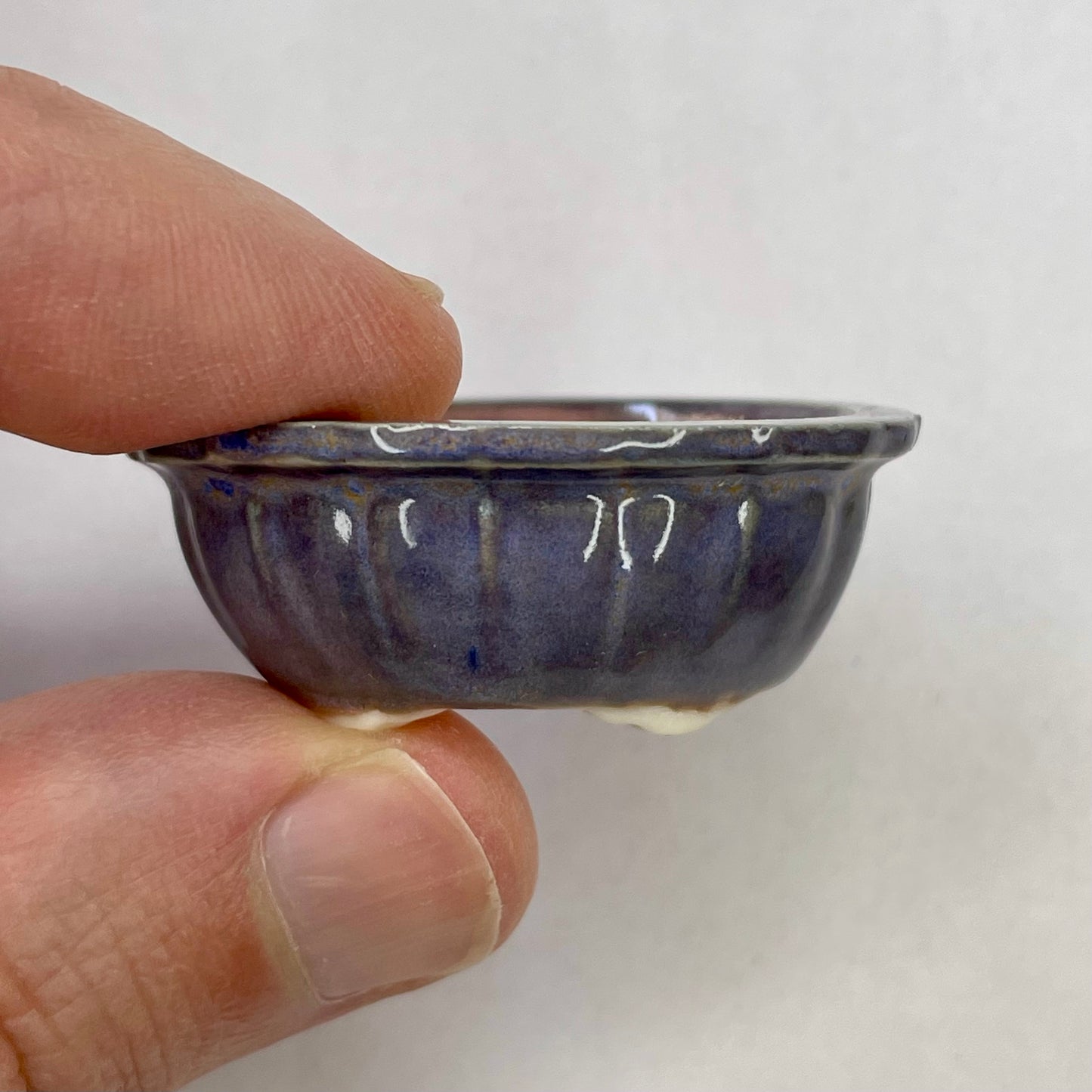 Tiny Scalloped Oval Mame Bonsai Pot in Double Purple, About 1.5 inches long