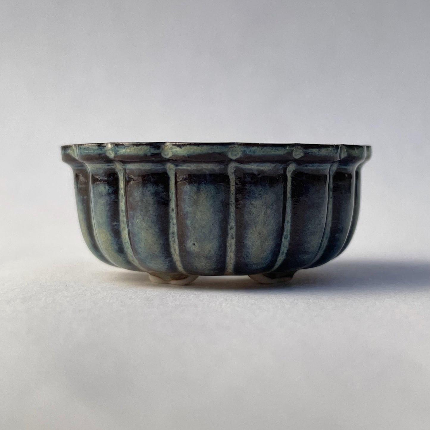 New! Tiny Round Scalloped Oval Mame Bonsai Pot in Dark Opal Lustre, About 1.5 inches long