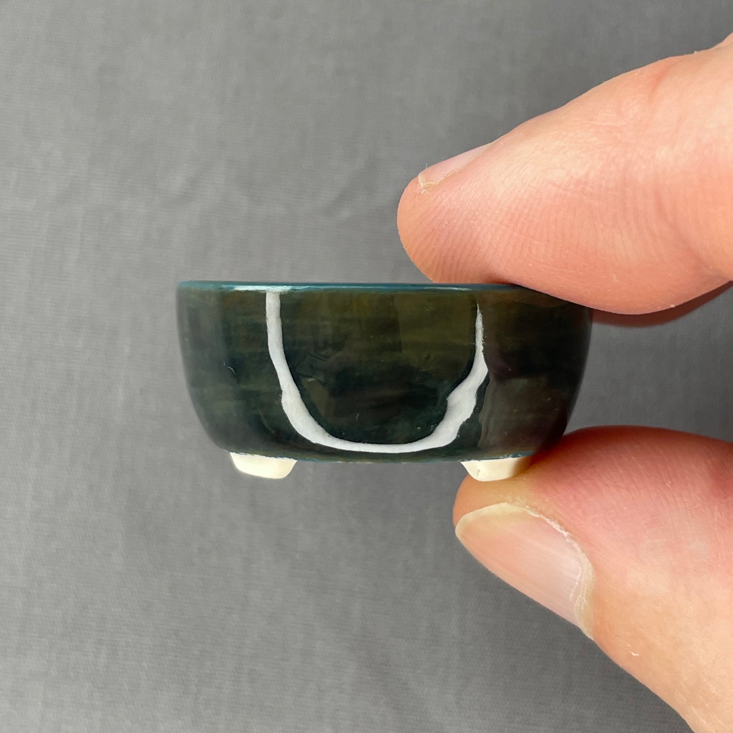 New! Tiny Round Mame Bonsai Pot in Dark Teal Ash, Less than 1.25 inches wide