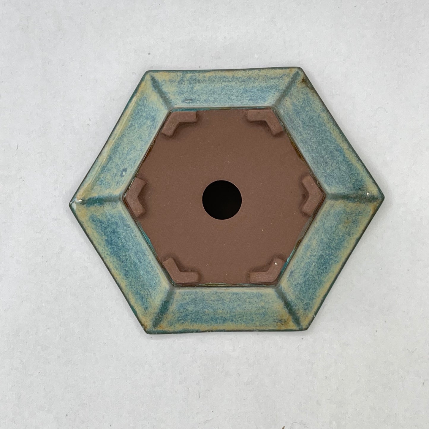 New! Tiny Shallow Hexagon Mame Bonsai Pot in Turquoise Lustre Chocolate, About 2.5 inches wide