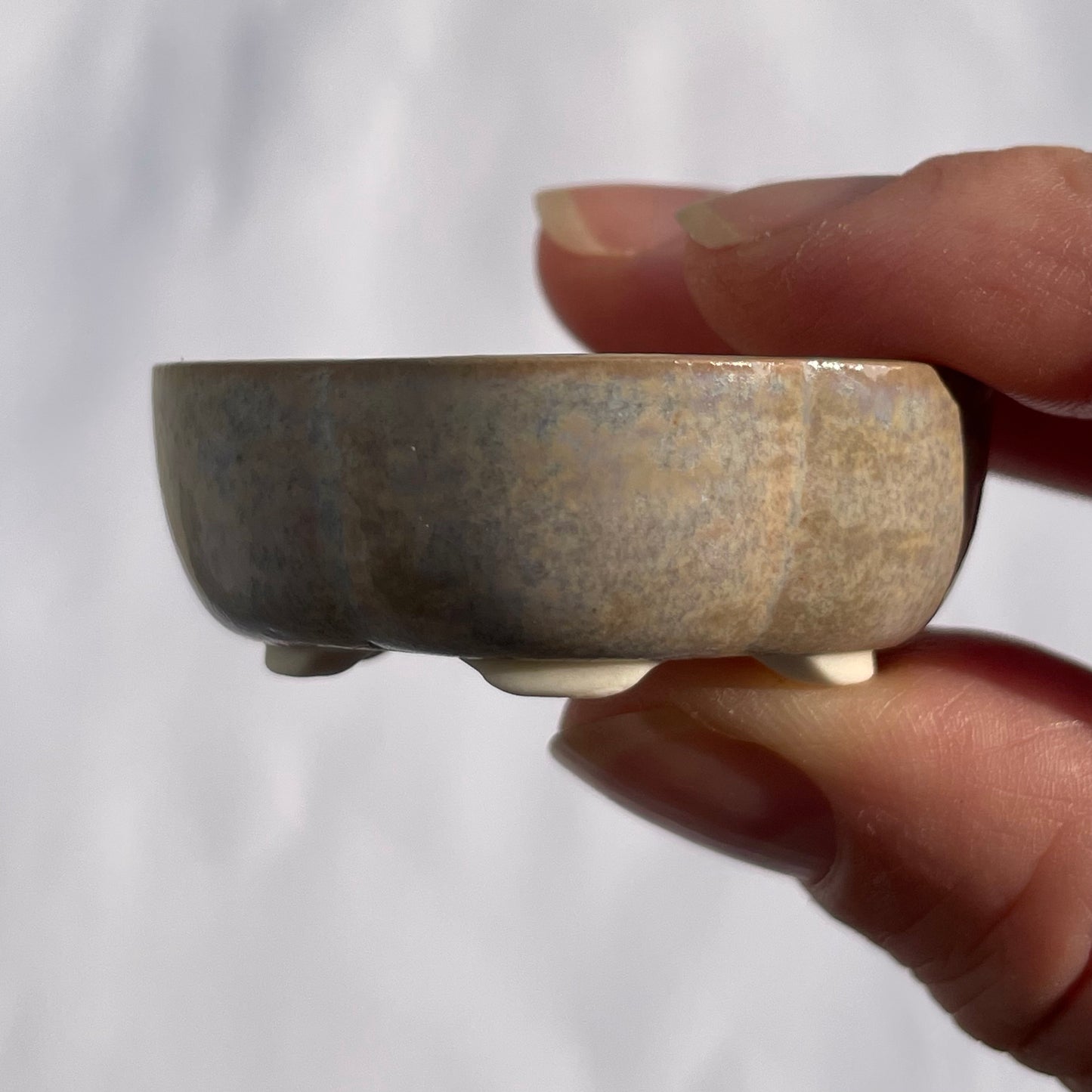 New! Tiny Rounded Oval Mame Bonsai Pot in Gray Pearl, Less than 1.75 inches long