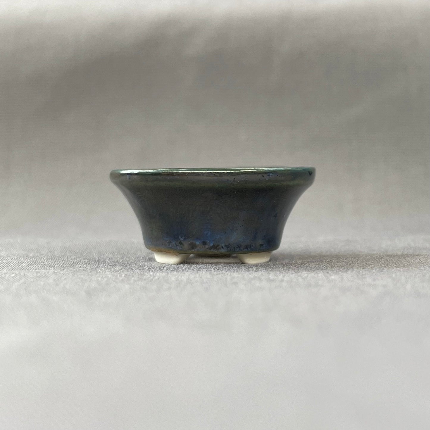 New! Tiny Flared Round Mame Bonsai Pot in Dark Teal Champagne, Less than 1.25 inches wide