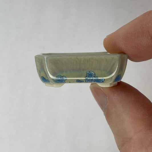 New! Tiny Rectangle Mame Bonsai Pot in Blue Snowflake, Less than 1.5 inches wide