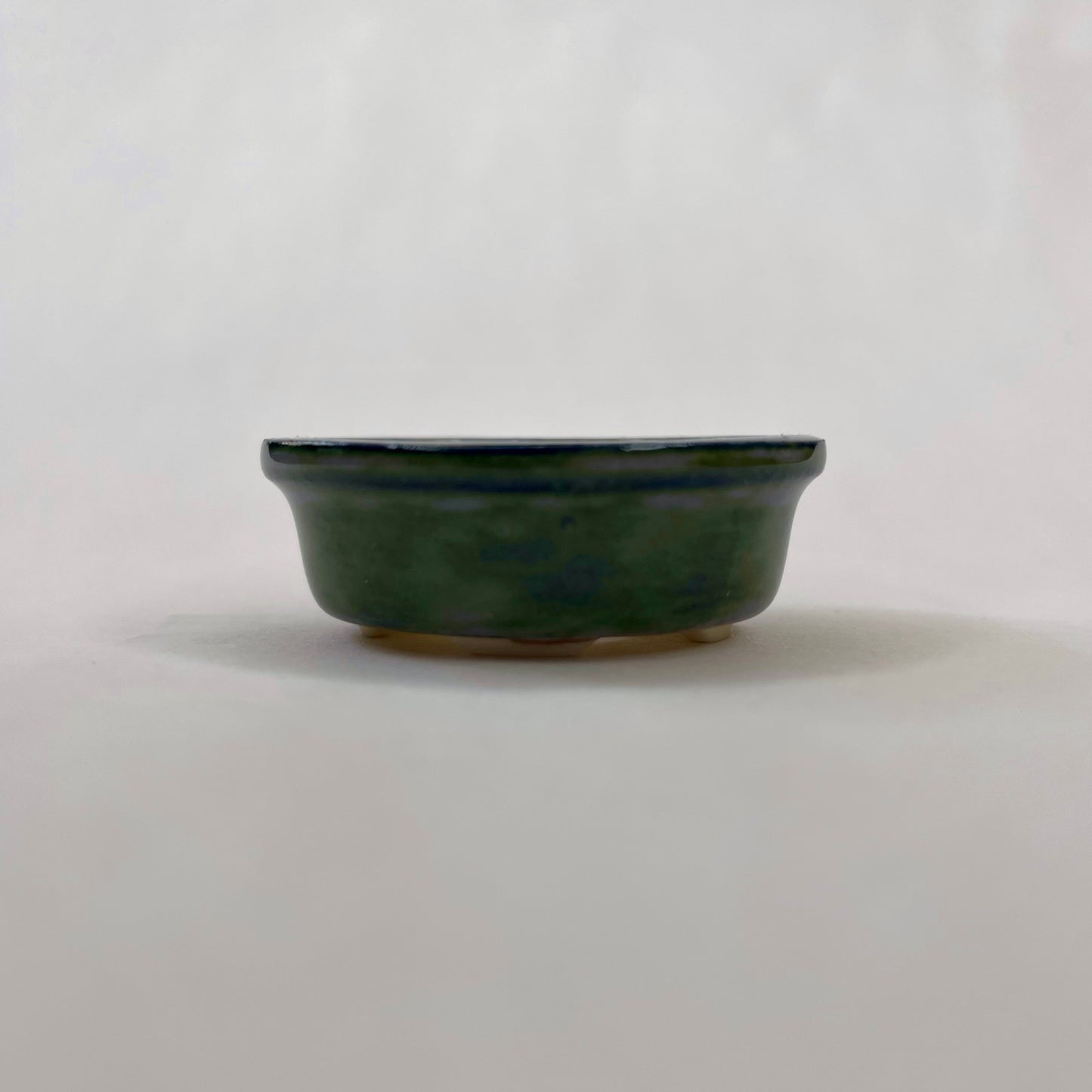 New! Tiny Oval Mame Bonsai Pot in White Porcelain with a Green Fog Glaze, About 1.5 inches long