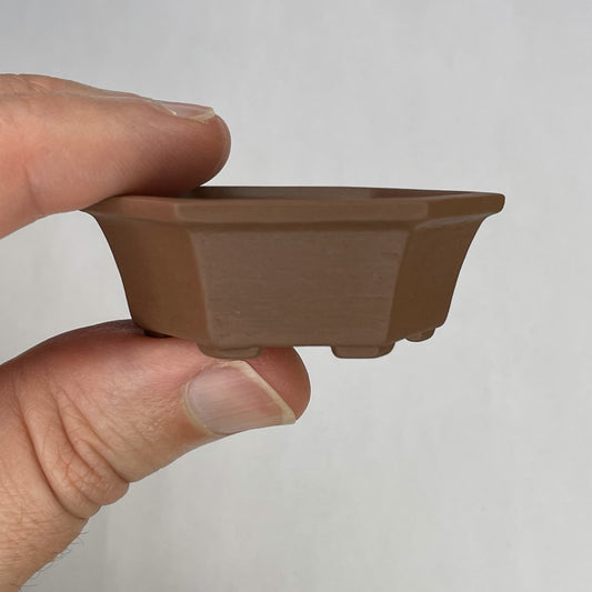 New! Tiny Unglazed Hexagon Mame Bonsai Pot in Chocolate Porcelain, A little over 2 inches wide