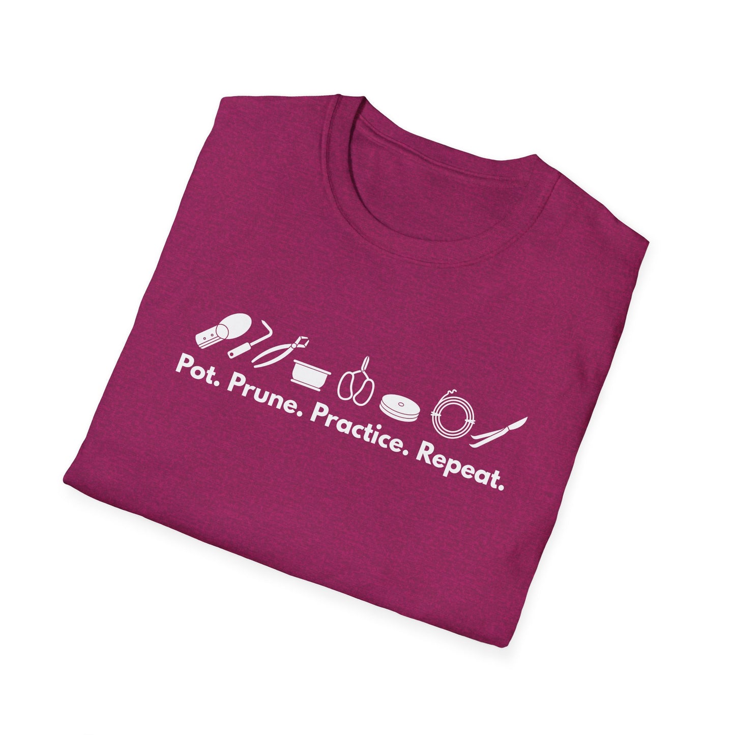 Tshirt G: Bonsai Tools T-Shirt for Bonsai Hobbyists, Pot, Prune, Practice, Repeat Bonsai Lover Shirt, Soil Scoop, Pruners, Scissors, Wire, Turntable