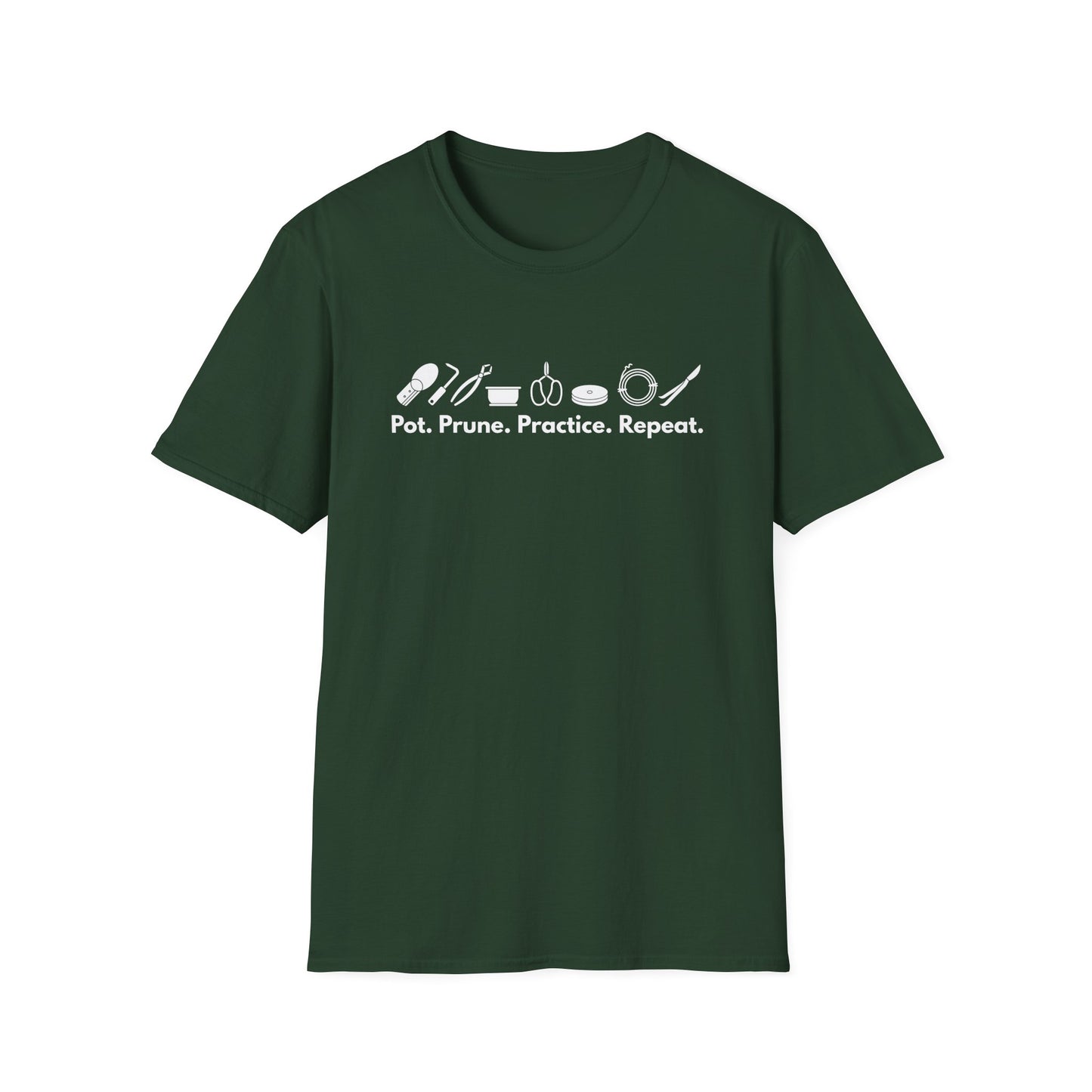 Tshirt G: Bonsai Tools T-Shirt for Bonsai Hobbyists, Pot, Prune, Practice, Repeat Bonsai Lover Shirt, Soil Scoop, Pruners, Scissors, Wire, Turntable