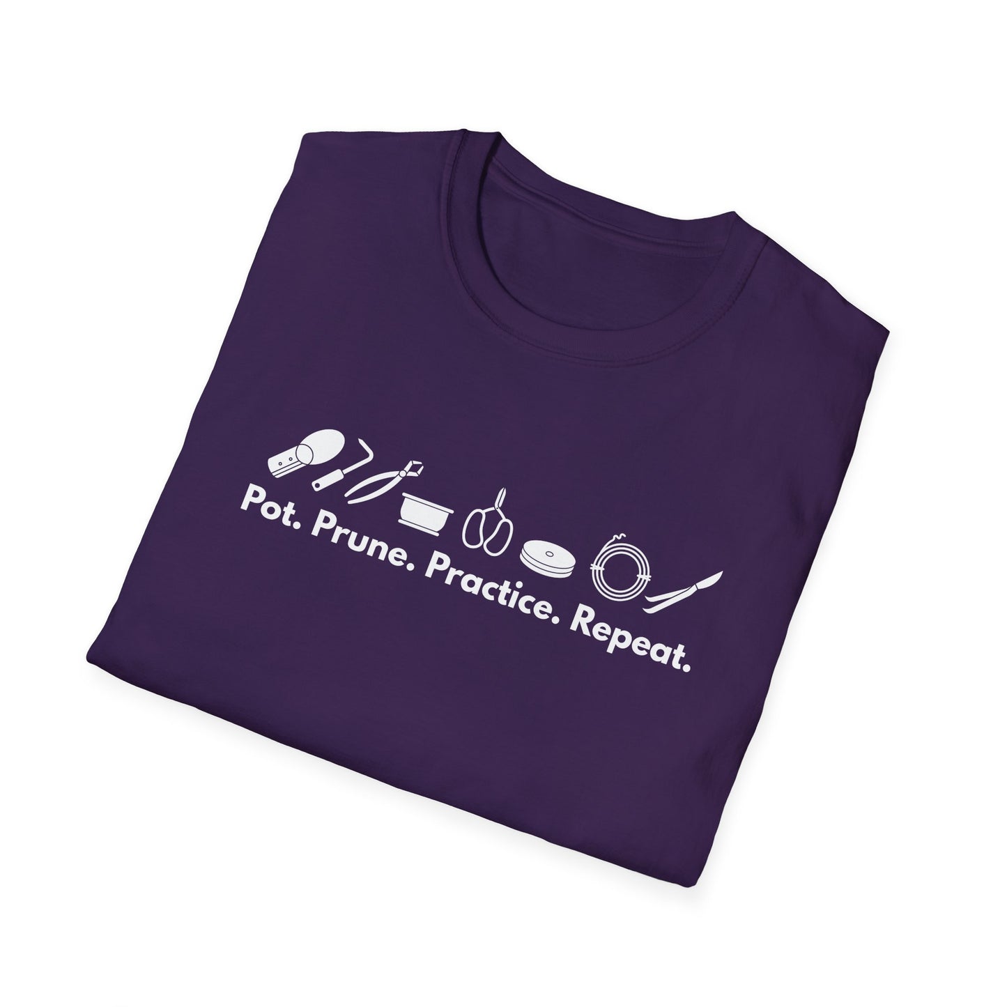 Tshirt G: Bonsai Tools T-Shirt for Bonsai Hobbyists, Pot, Prune, Practice, Repeat Bonsai Lover Shirt, Soil Scoop, Pruners, Scissors, Wire, Turntable