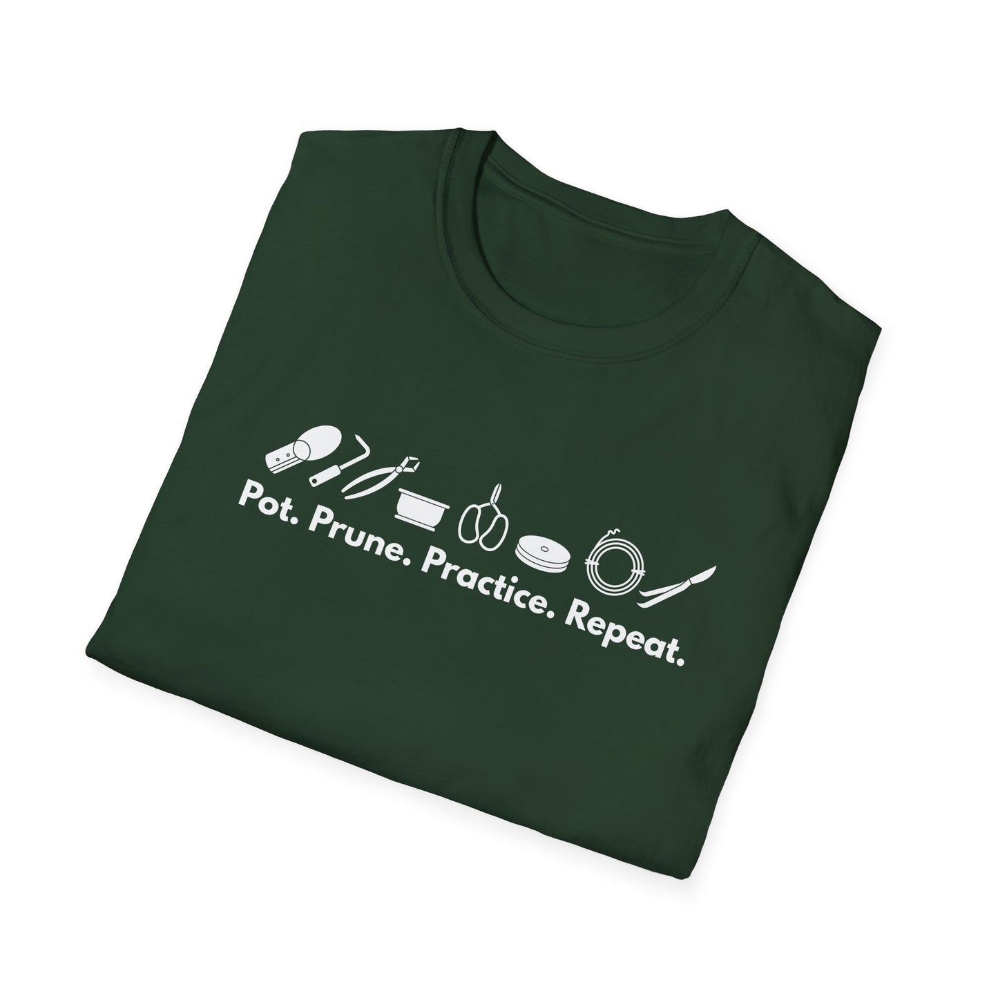 Tshirt G: Bonsai Tools T-Shirt for Bonsai Hobbyists, Pot, Prune, Practice, Repeat Bonsai Lover Shirt, Soil Scoop, Pruners, Scissors, Wire, Turntable