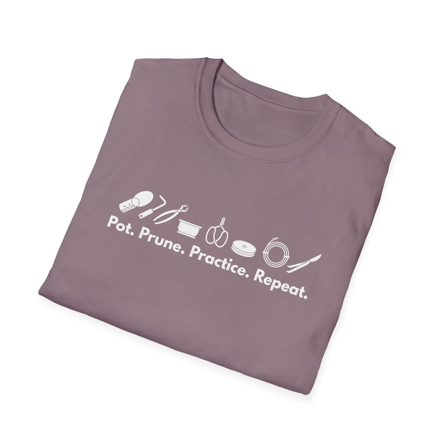 Tshirt G: Bonsai Tools T-Shirt for Bonsai Hobbyists, Pot, Prune, Practice, Repeat Bonsai Lover Shirt, Soil Scoop, Pruners, Scissors, Wire, Turntable