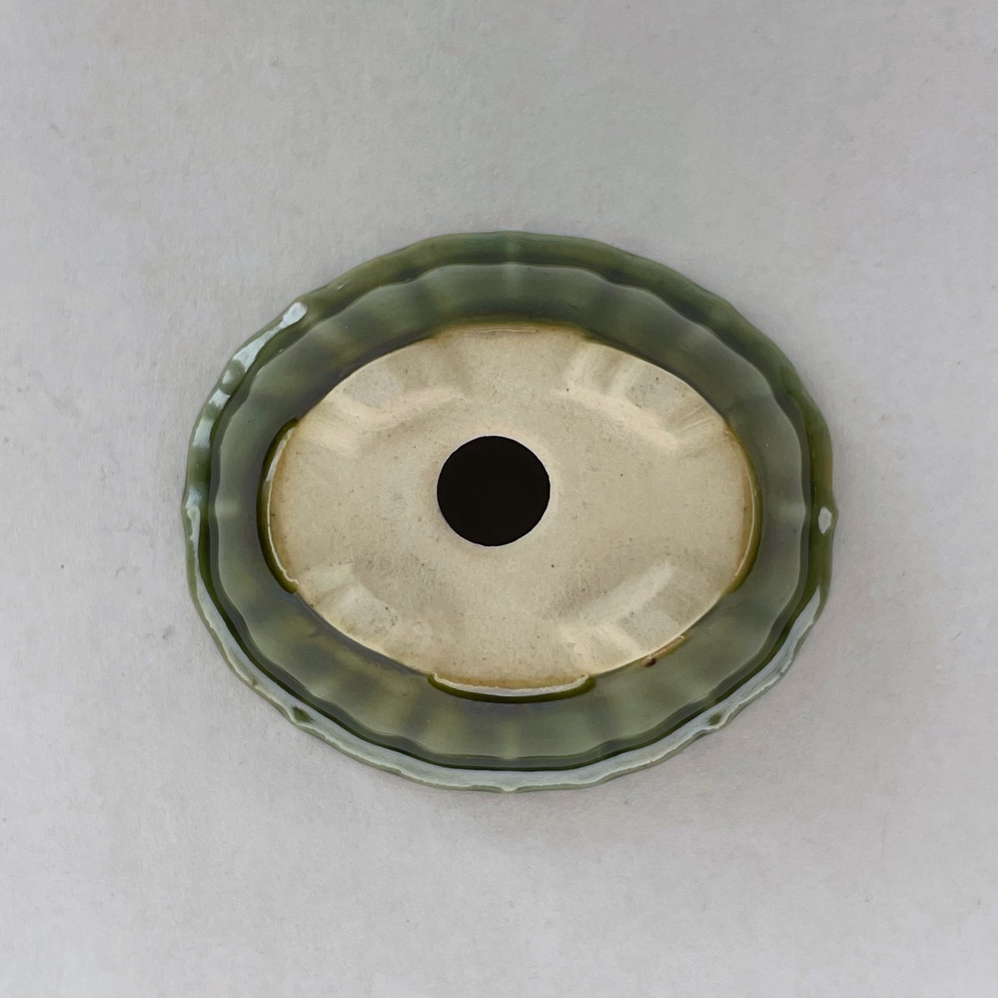 New! Tiny Scalloped Oval Mame Bonsai Pot in Pine Green, About 1.5 inches wide