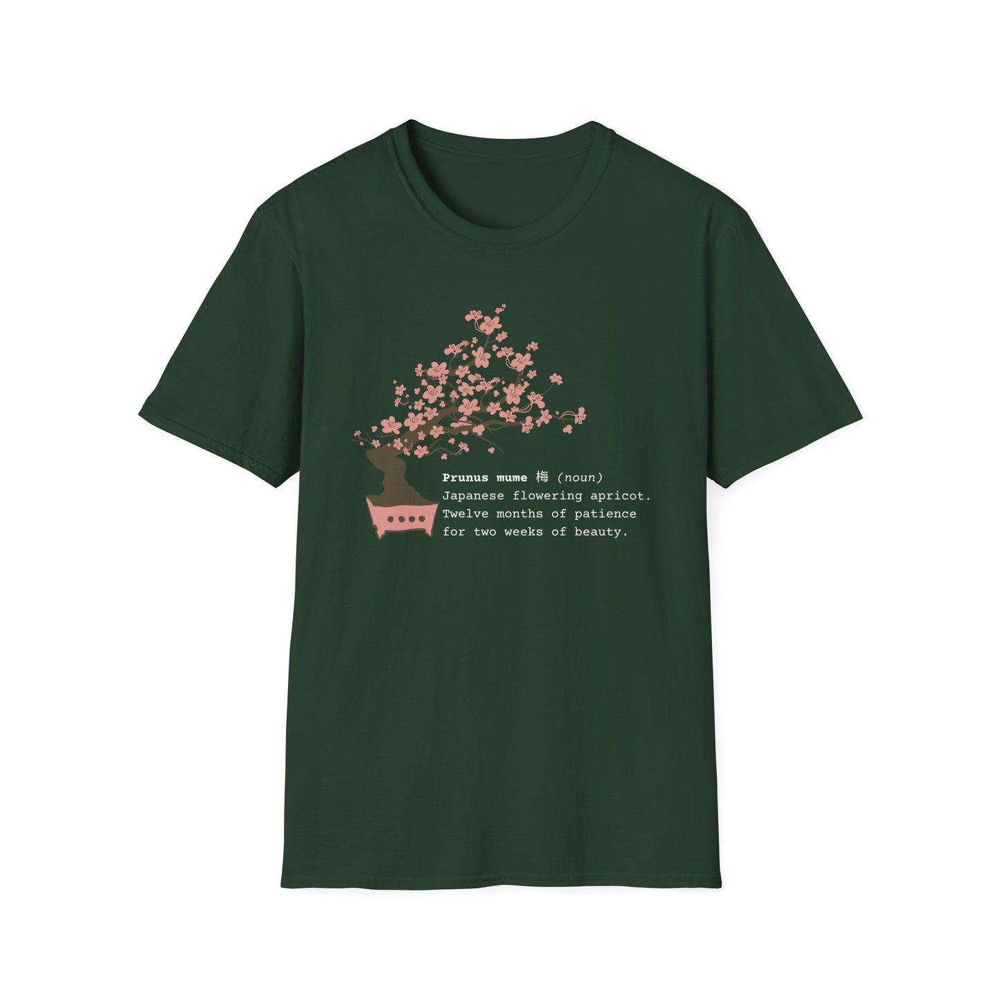 Tshirt 6: Bonsai Prunus Mume Softstyle T-Shirt, Cherry Blossom Bonsai Tree Shirt, Flowering Apricot Botanical Art, Zen Bonsai Enthusiast Gift, Garden
