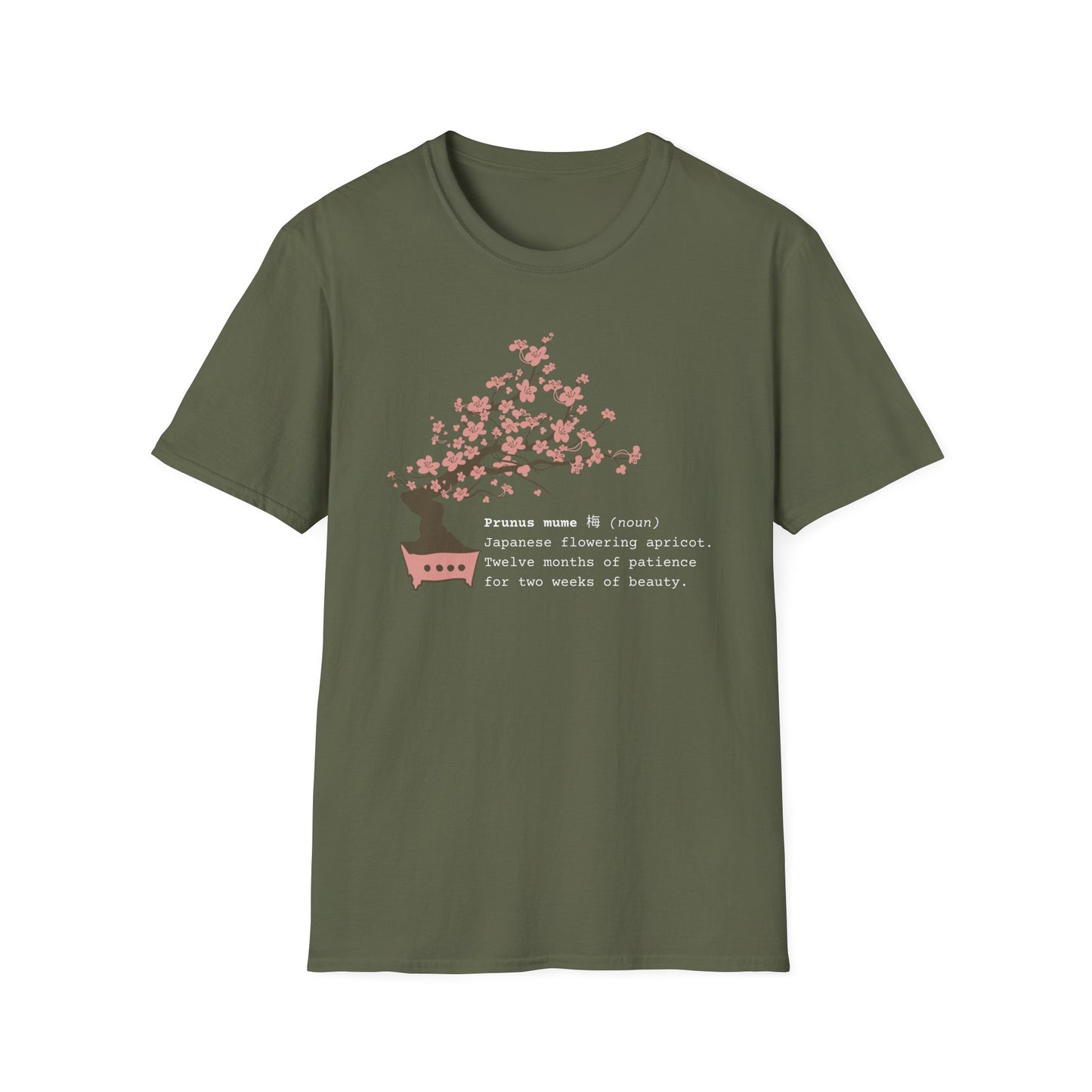 Tshirt 6: Bonsai Prunus Mume Softstyle T-Shirt, Cherry Blossom Bonsai Tree Shirt, Flowering Apricot Botanical Art, Zen Bonsai Enthusiast Gift, Garden