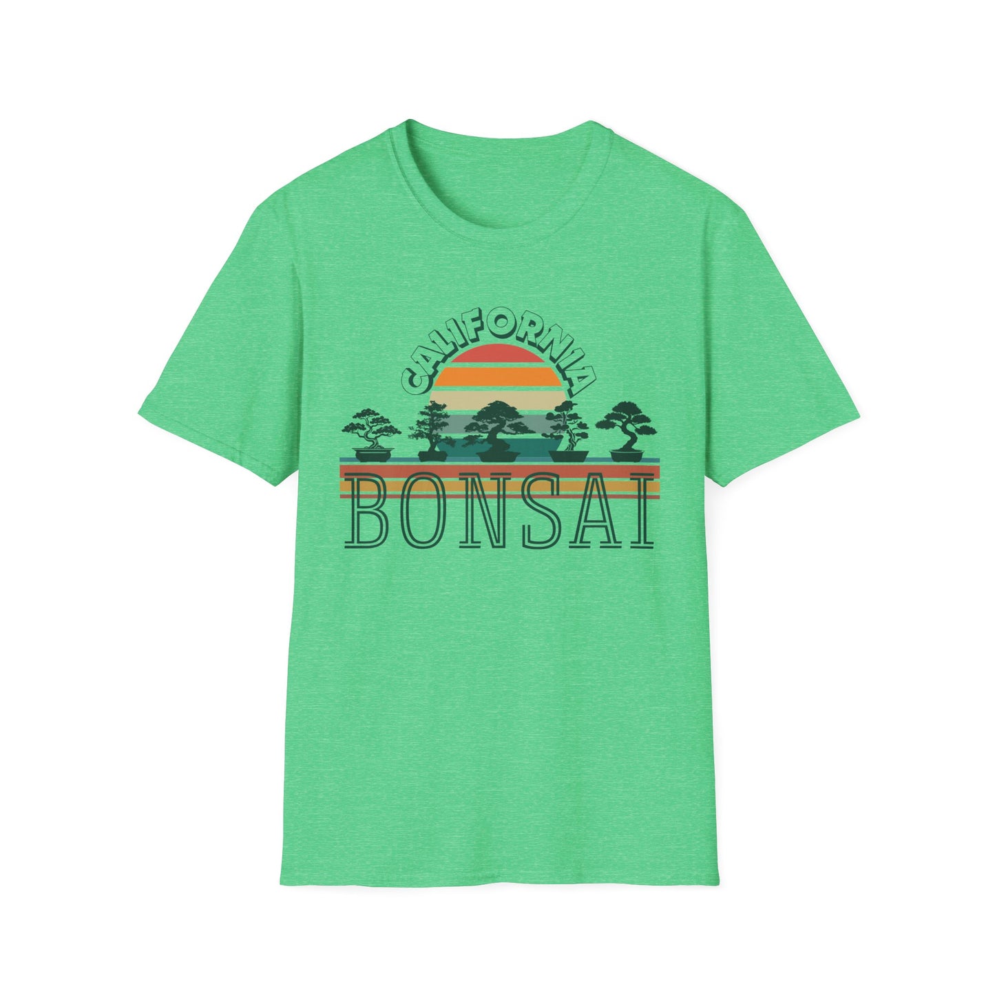 Tshirt 1: Vintage California Sunset Bonsai Tree T-Shirt, Bonsai Lover Hobby Gift, Retro Style Rainbow Sunset Softstyle Tee, Summer Beach Bonsai Shirt