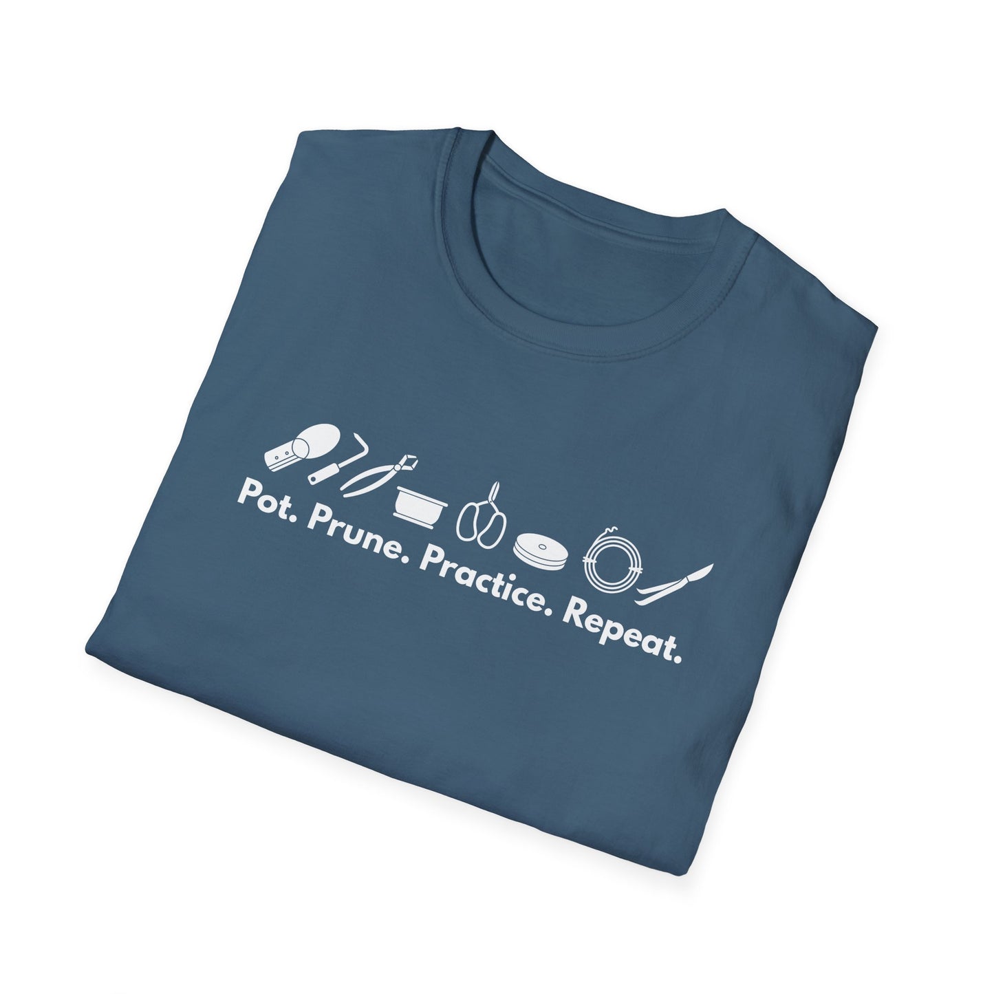Tshirt G: Bonsai Tools T-Shirt for Bonsai Hobbyists, Pot, Prune, Practice, Repeat Bonsai Lover Shirt, Soil Scoop, Pruners, Scissors, Wire, Turntable