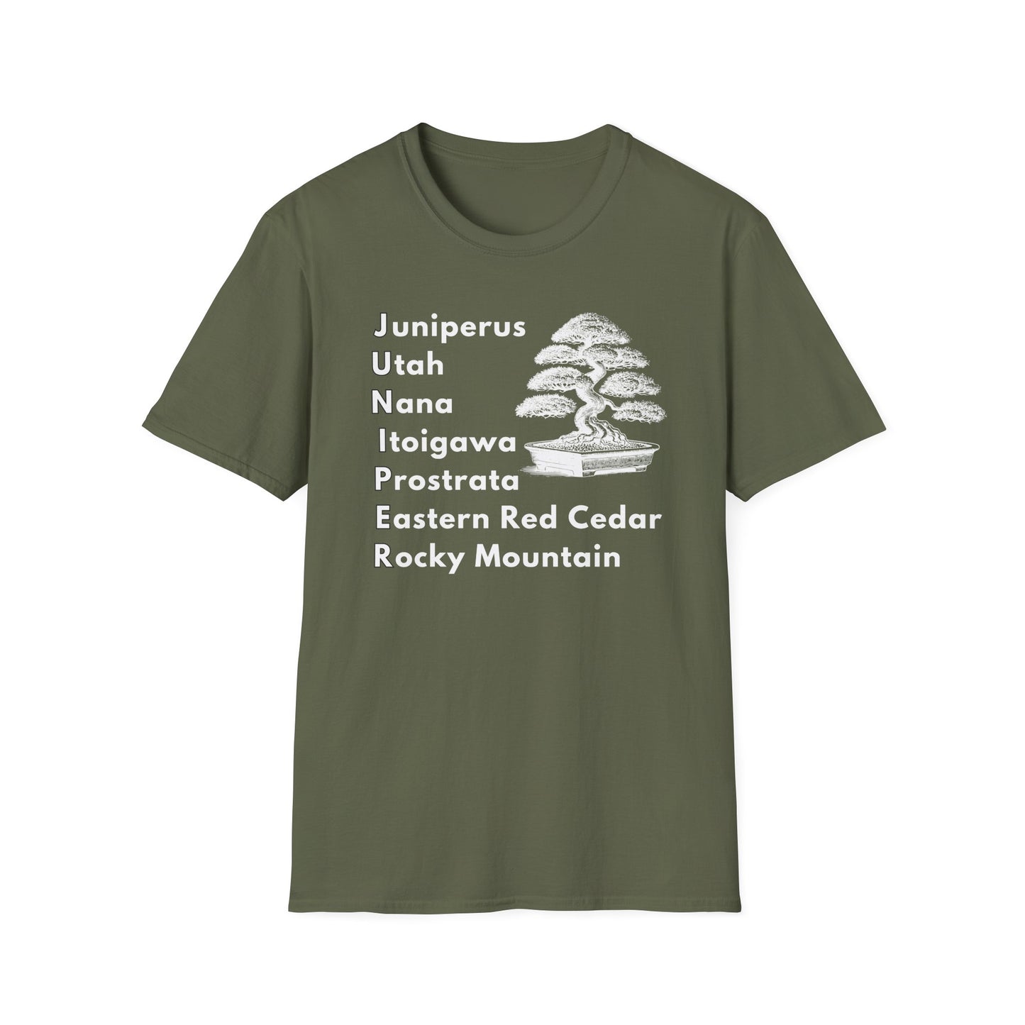 Tshirt: Juniper Bonsai Tree Varieties Tee, Juniperus Tree Types Softstyle T-Shirt, Bonsai Enthusiast Gift for Him, Bonsai Word Art Top, Itoigawa Tee