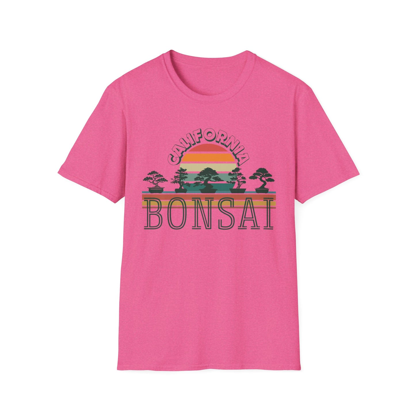 Tshirt 1: Vintage California Sunset Bonsai Tree T-Shirt, Bonsai Lover Hobby Gift, Retro Style Rainbow Sunset Softstyle Tee, Summer Beach Bonsai Shirt