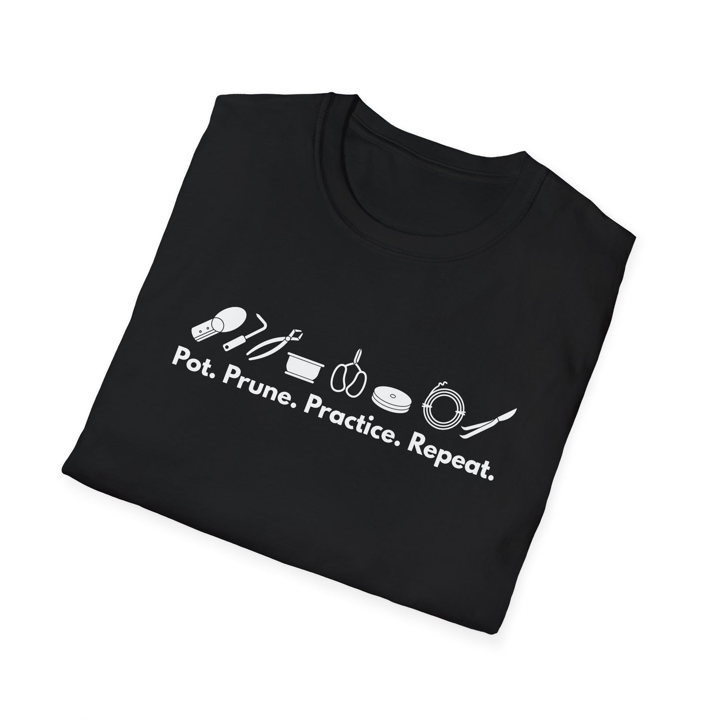 Tshirt G: Bonsai Tools T-Shirt for Bonsai Hobbyists, Pot, Prune, Practice, Repeat Bonsai Lover Shirt, Soil Scoop, Pruners, Scissors, Wire, Turntable