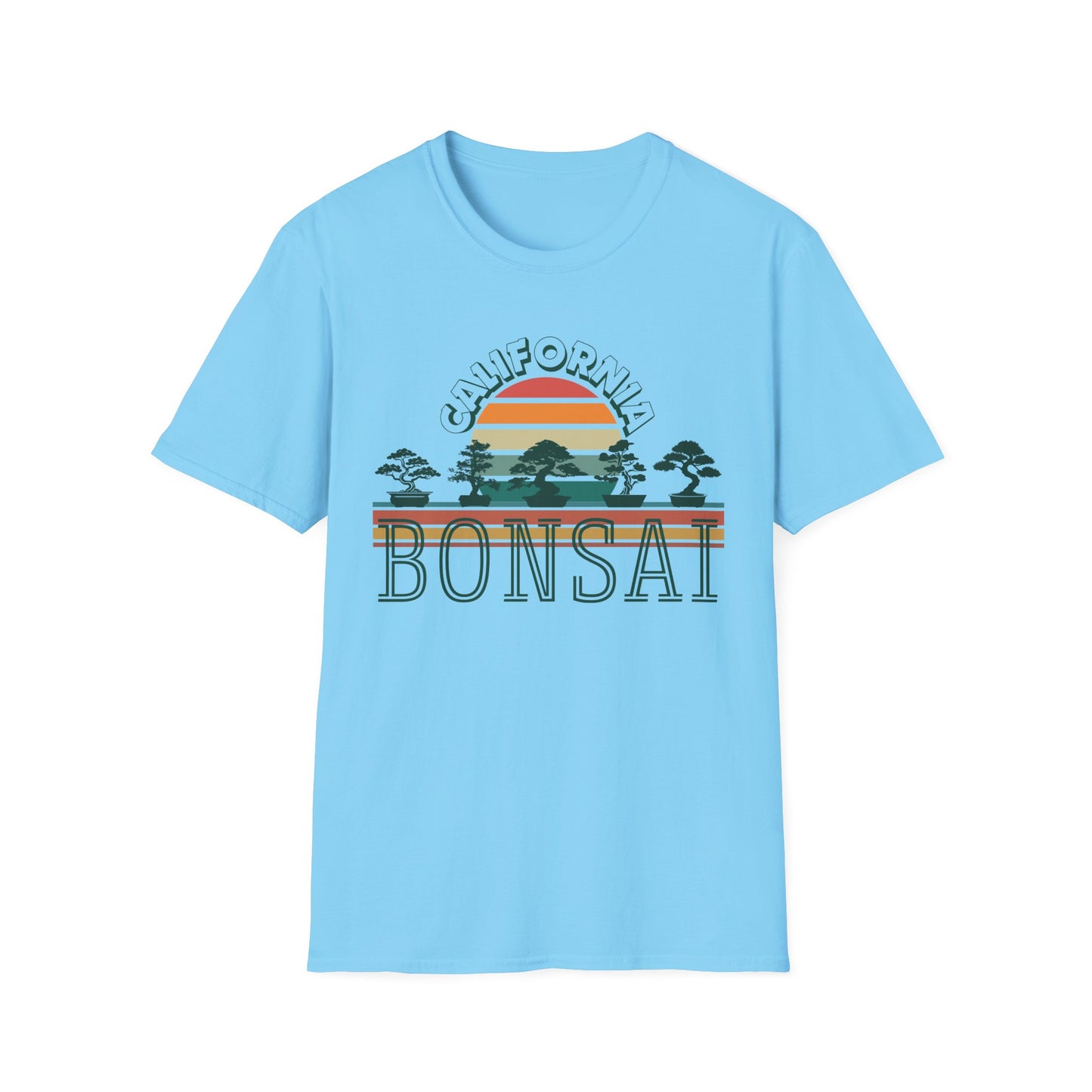 Tshirt 1: Vintage California Sunset Bonsai Tree T-Shirt, Bonsai Lover Hobby Gift, Retro Style Rainbow Sunset Softstyle Tee, Summer Beach Bonsai Shirt