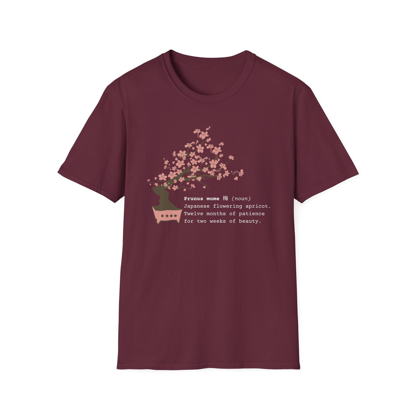 Tshirt 6: Bonsai Prunus Mume Softstyle T-Shirt, Cherry Blossom Bonsai Tree Shirt, Flowering Apricot Botanical Art, Zen Bonsai Enthusiast Gift, Garden