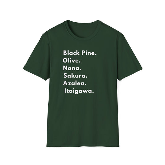 Tshirt: Bonsai Word Art Softstyle T-Shirt, Bonsai Tree Lover Tee Spells Bonsai With Tree Varieties, Unique Bonsai Enthusiast Gift for Him, Tree Type