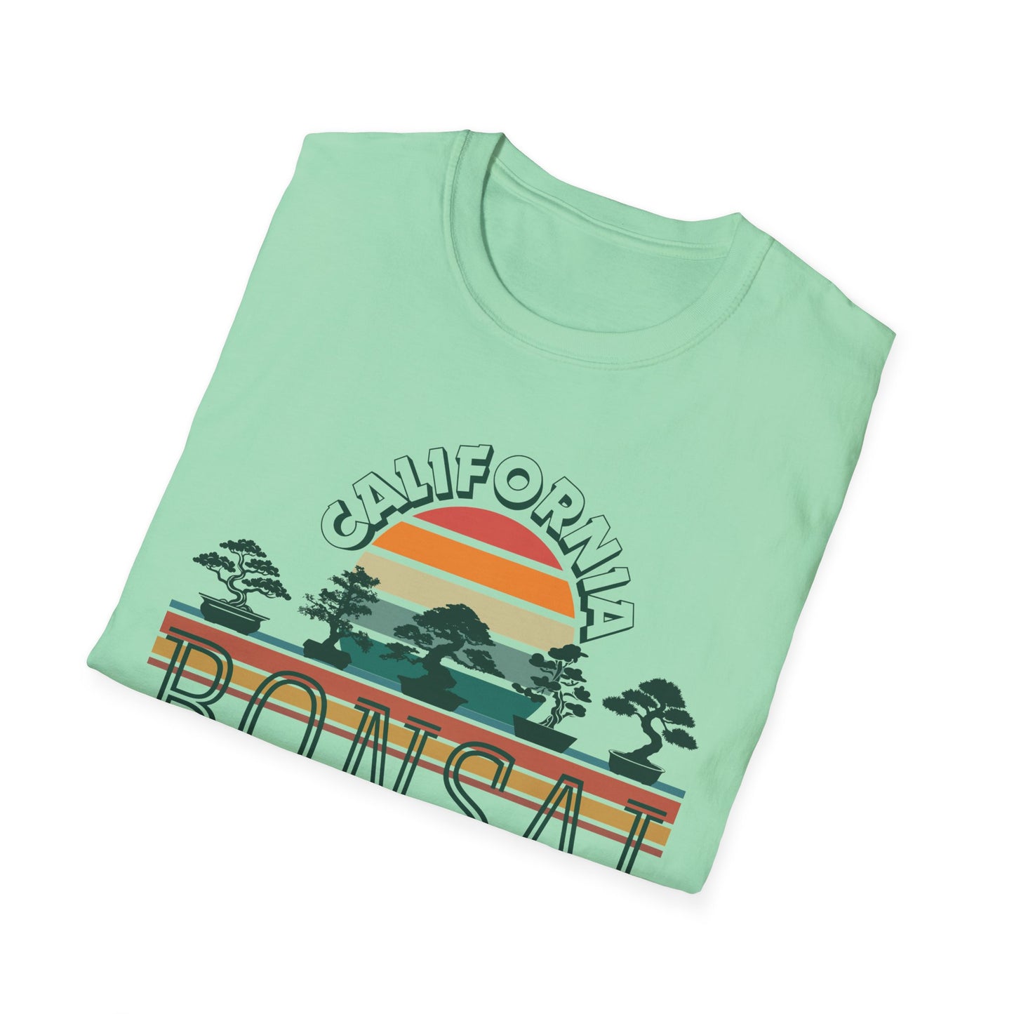 Tshirt 1: Vintage California Sunset Bonsai Tree T-Shirt, Bonsai Lover Hobby Gift, Retro Style Rainbow Sunset Softstyle Tee, Summer Beach Bonsai Shirt