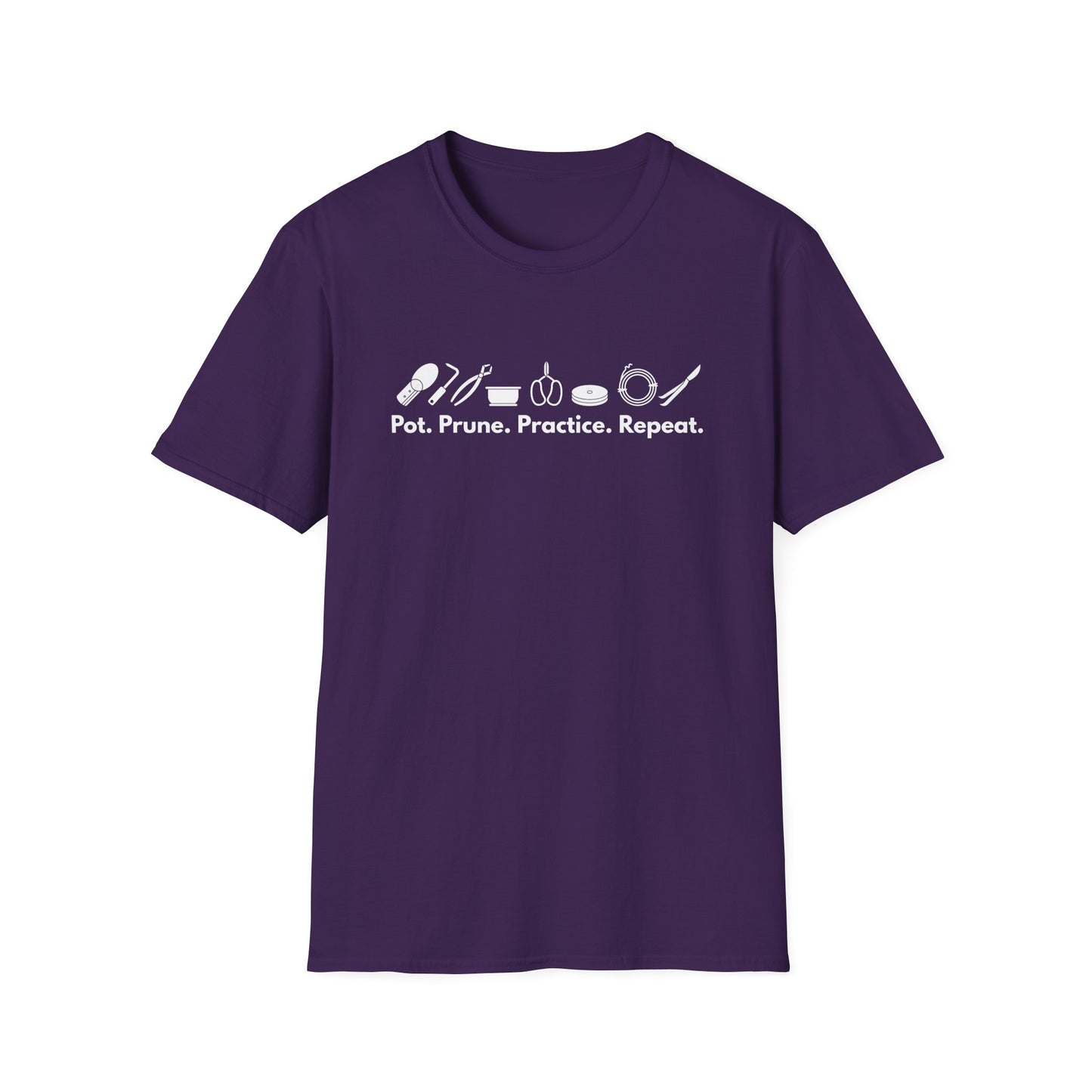Tshirt G: Bonsai Tools T-Shirt for Bonsai Hobbyists, Pot, Prune, Practice, Repeat Bonsai Lover Shirt, Soil Scoop, Pruners, Scissors, Wire, Turntable