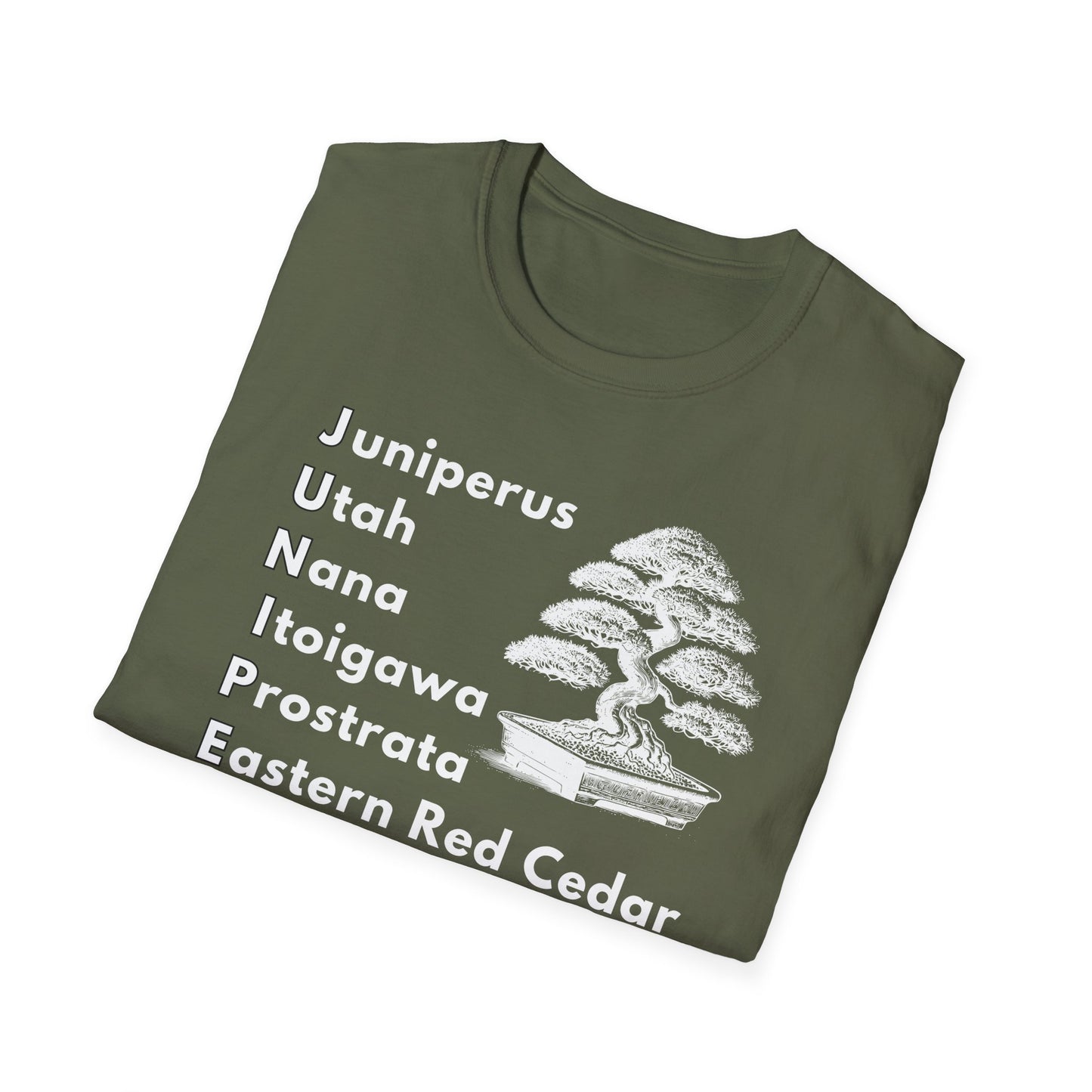 Tshirt: Juniper Bonsai Tree Varieties Tee, Juniperus Tree Types Softstyle T-Shirt, Bonsai Enthusiast Gift for Him, Bonsai Word Art Top, Itoigawa Tee