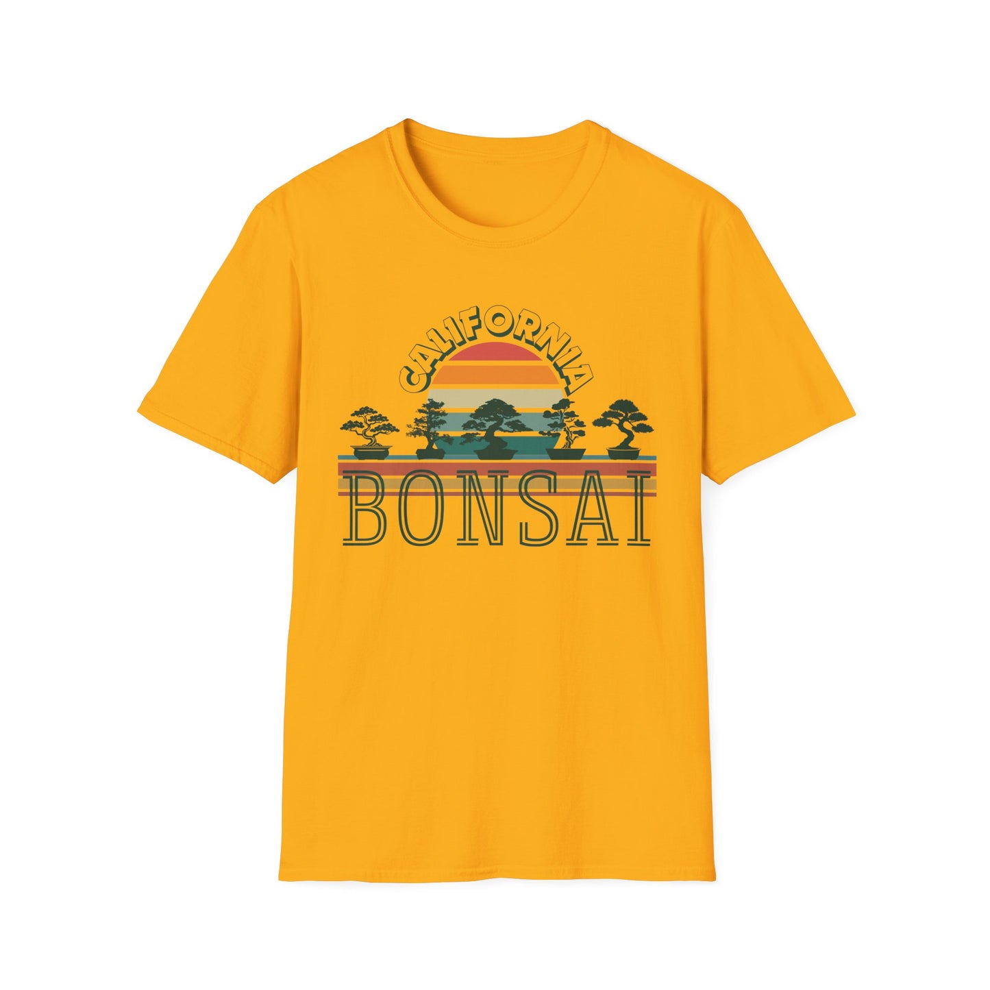 Tshirt 1: Vintage California Sunset Bonsai Tree T-Shirt, Bonsai Lover Hobby Gift, Retro Style Rainbow Sunset Softstyle Tee, Summer Beach Bonsai Shirt