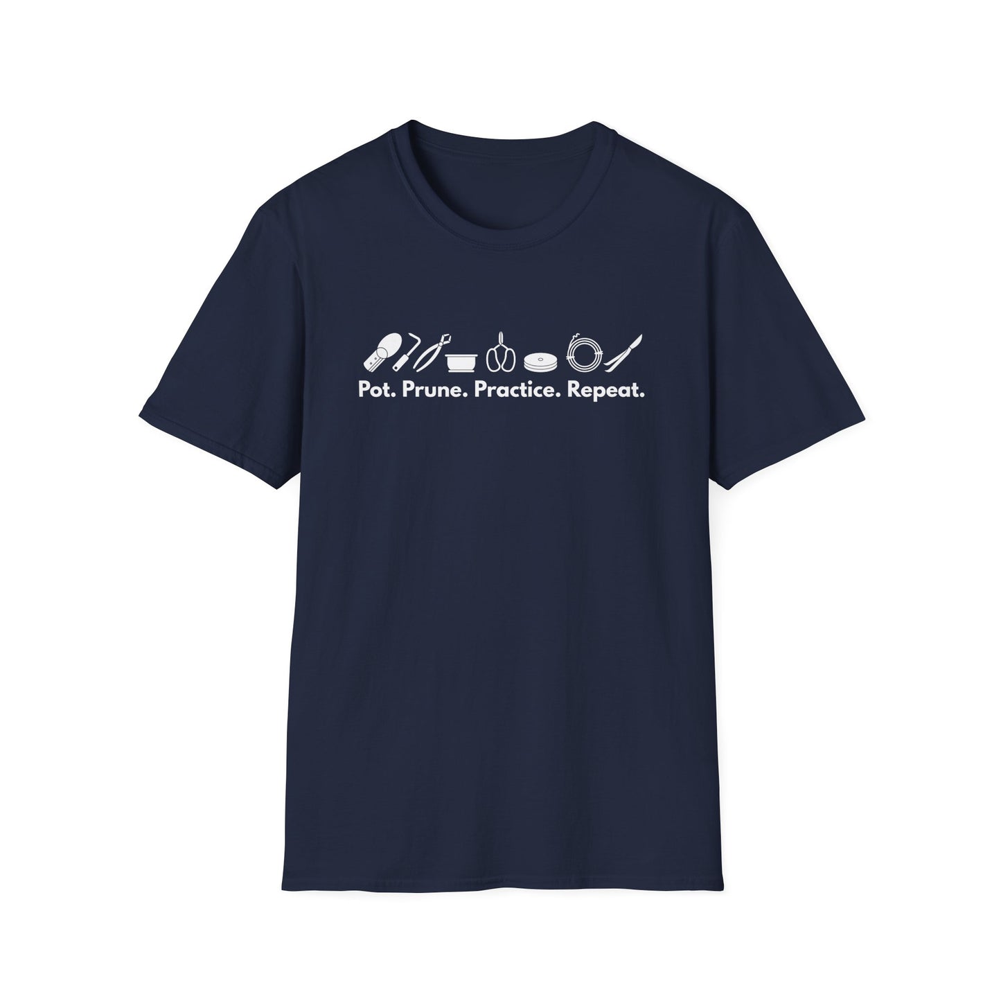 Tshirt G: Bonsai Tools T-Shirt for Bonsai Hobbyists, Pot, Prune, Practice, Repeat Bonsai Lover Shirt, Soil Scoop, Pruners, Scissors, Wire, Turntable