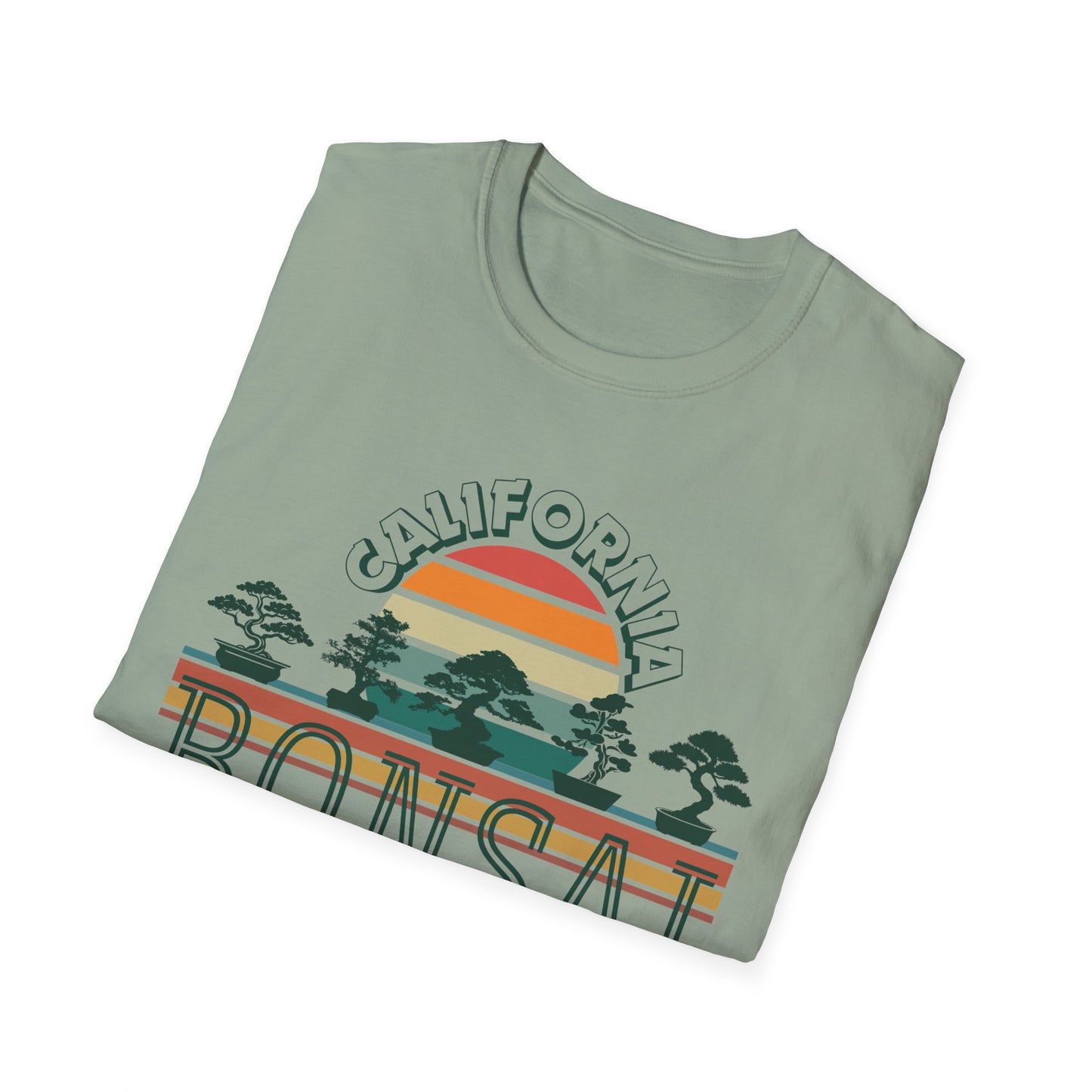 Tshirt 1: Vintage California Sunset Bonsai Tree T-Shirt, Bonsai Lover Hobby Gift, Retro Style Rainbow Sunset Softstyle Tee, Summer Beach Bonsai Shirt