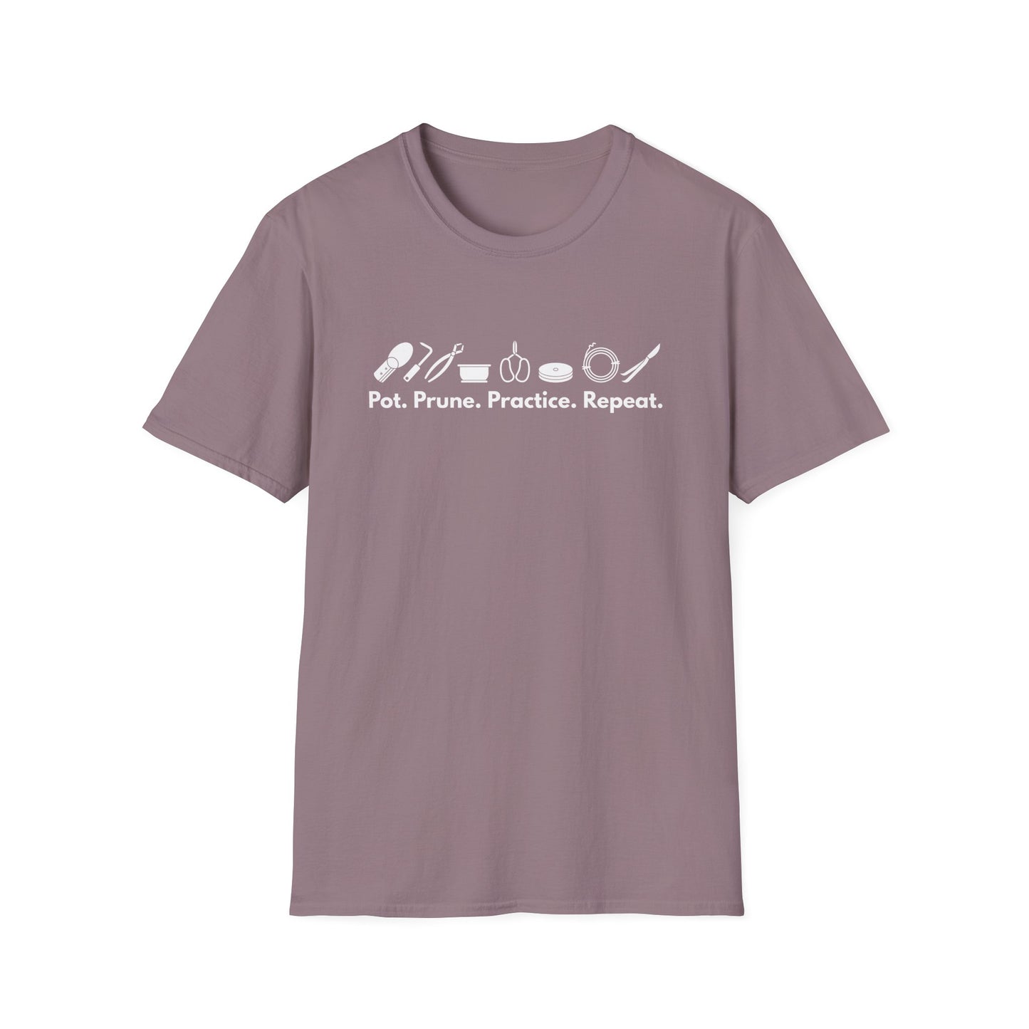Tshirt G: Bonsai Tools T-Shirt for Bonsai Hobbyists, Pot, Prune, Practice, Repeat Bonsai Lover Shirt, Soil Scoop, Pruners, Scissors, Wire, Turntable