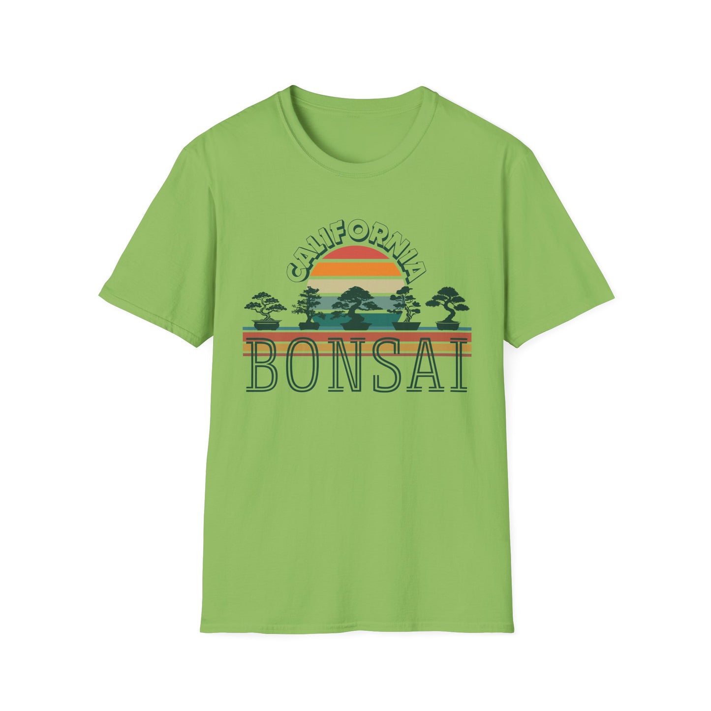 Tshirt 1: Vintage California Sunset Bonsai Tree T-Shirt, Bonsai Lover Hobby Gift, Retro Style Rainbow Sunset Softstyle Tee, Summer Beach Bonsai Shirt